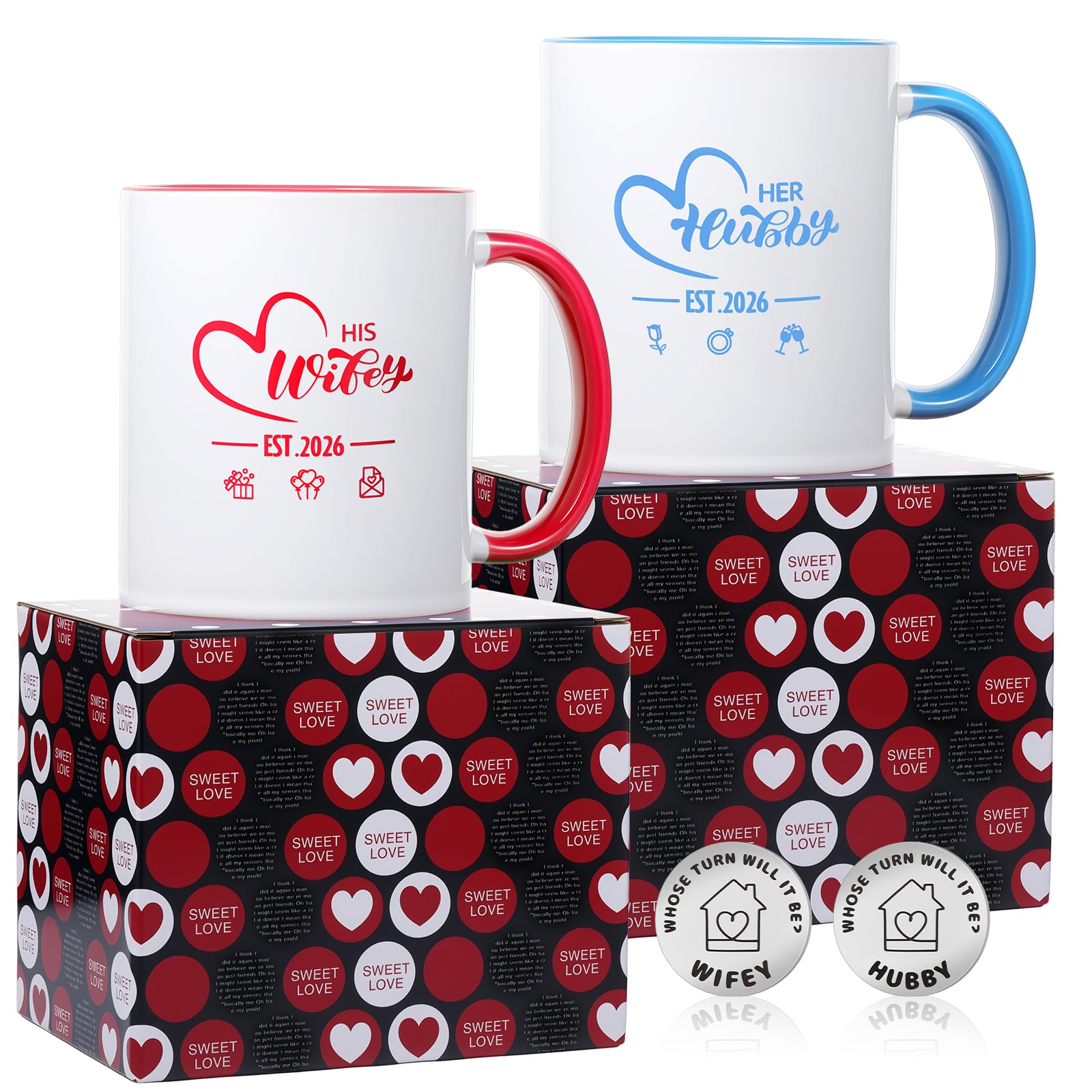 MEGETGOD Hubby & Wifey Mugs Set with Decision Coin - Wedding Gifts for Bride and Groom, Valentines Gifts for Couple Anniversary Engagement Present for Him Her 14 oz