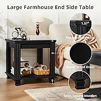 Vista 4 de Farmhouse End Table,Large Side Table with 2-Tier Storage Shelf,Rustic Wood End Tables for Living Room,Square Tea Table,Black