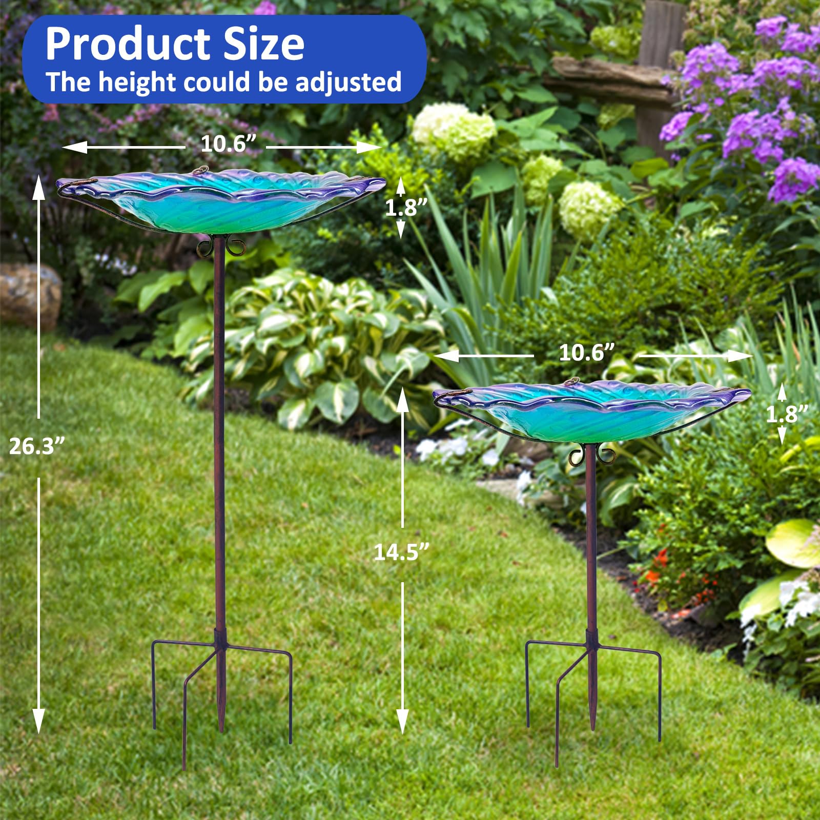 meetjoyancy Vogeltränke, Glas-Vogeltränke, abnehmbar, Vogelfutterspender mit Metallpfahl, Wasserfluss, Welligkeit, Vogeltränke, Outdoor-Dekoration, stehende Vogeltränke für den Außenbereich, Garten,