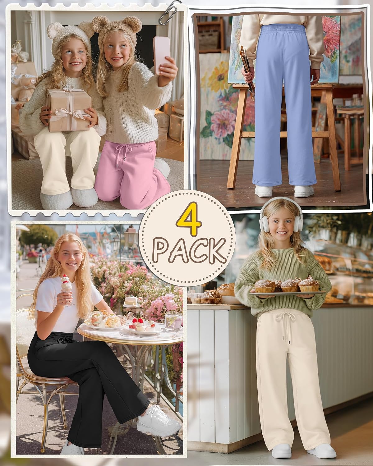4 Pack Teen Girls Sweatpants Wide Leg Drawstring Jogger Pants Straight Leg Athletic Trousers with Pockets Size 5-14