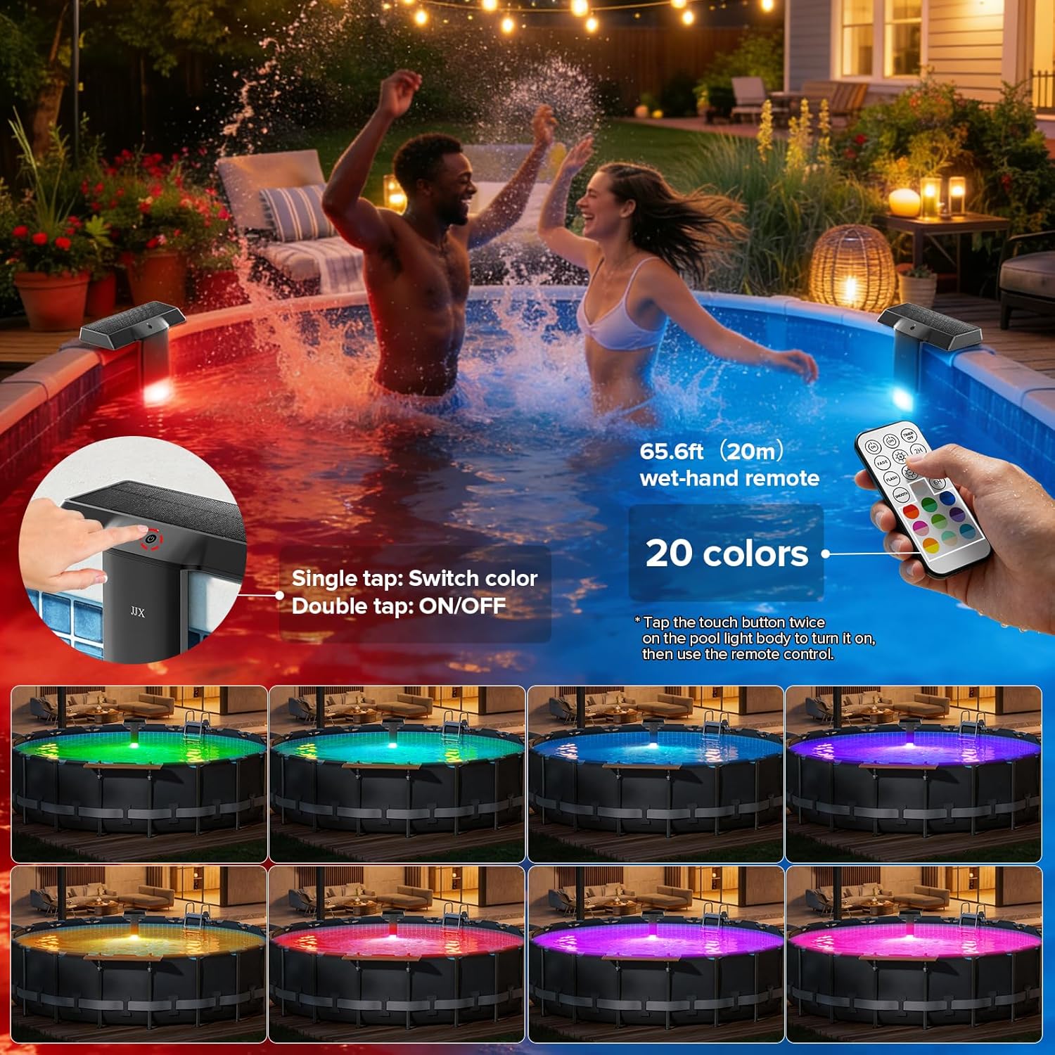 JJX Solar Pool Lights, 150° Wide Angle Double Brightness Magnetic Pool Lights for Above Ground & Inground Pools, IP68 Waterproof Solar + Type-C Charging, 20 Color Modes