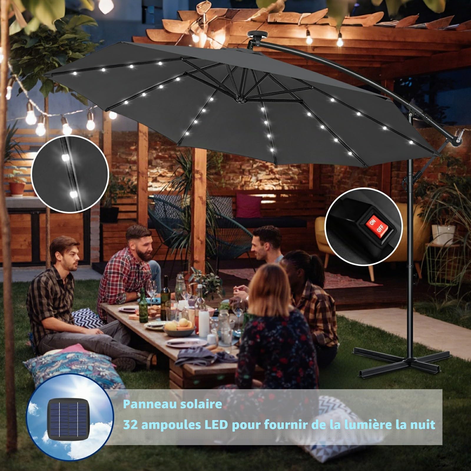 Parasol de Jardin Exterieur Déporté -Protection UV et Imperméable-Parasol Balcon avec Manivelle、Fonction 360°,Inclinable,Protection UV, Résistant au Vent, 8 Baleines en Acier
