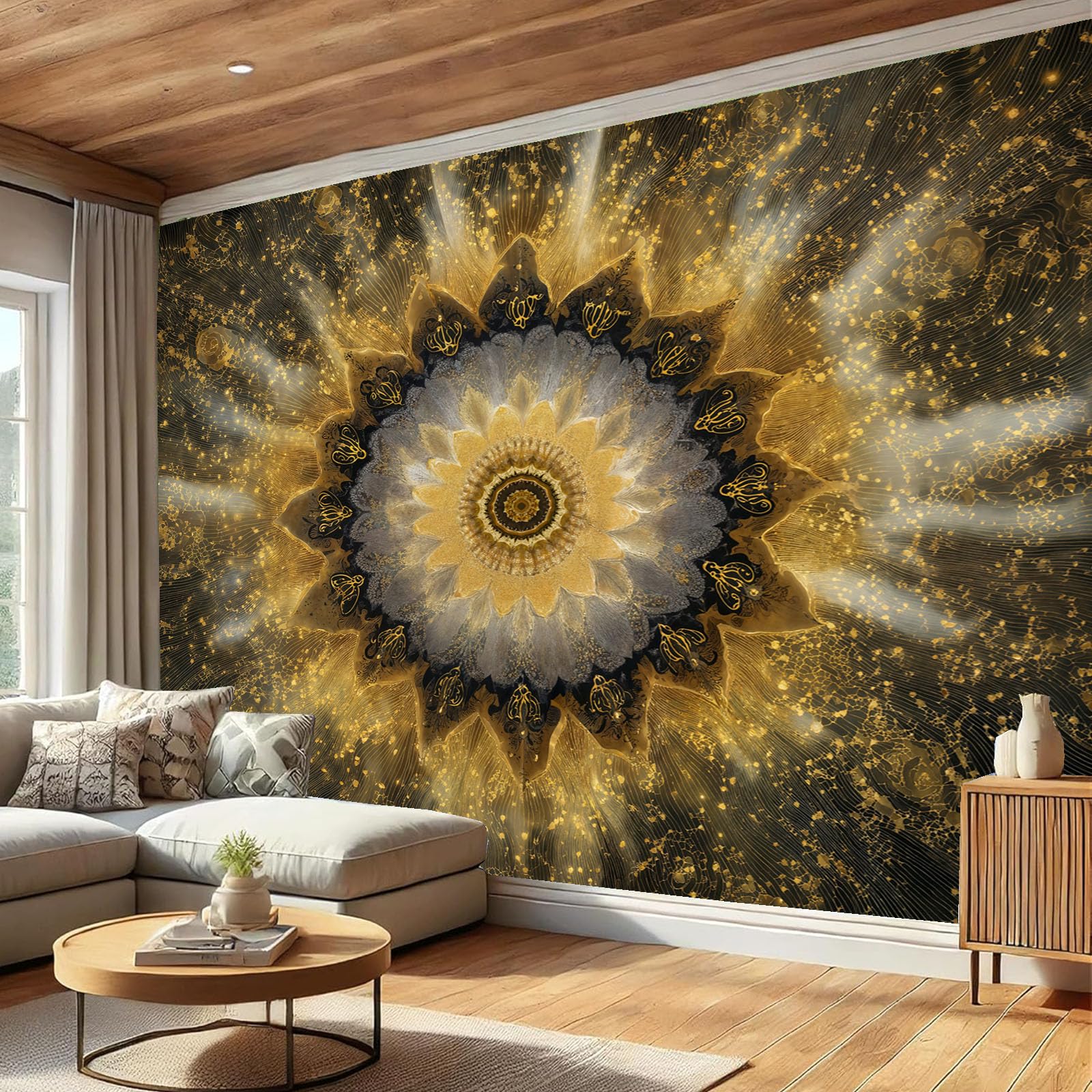 Carta Da Parati Motivo Mandala Dorato 250x175cm Fotomurali in Seta Murale, Decorazione Da Muro Xxl Poster Gigante Design Carta per Pareti Soggiorno Meditazione Ispirata Allo Zen, Oro