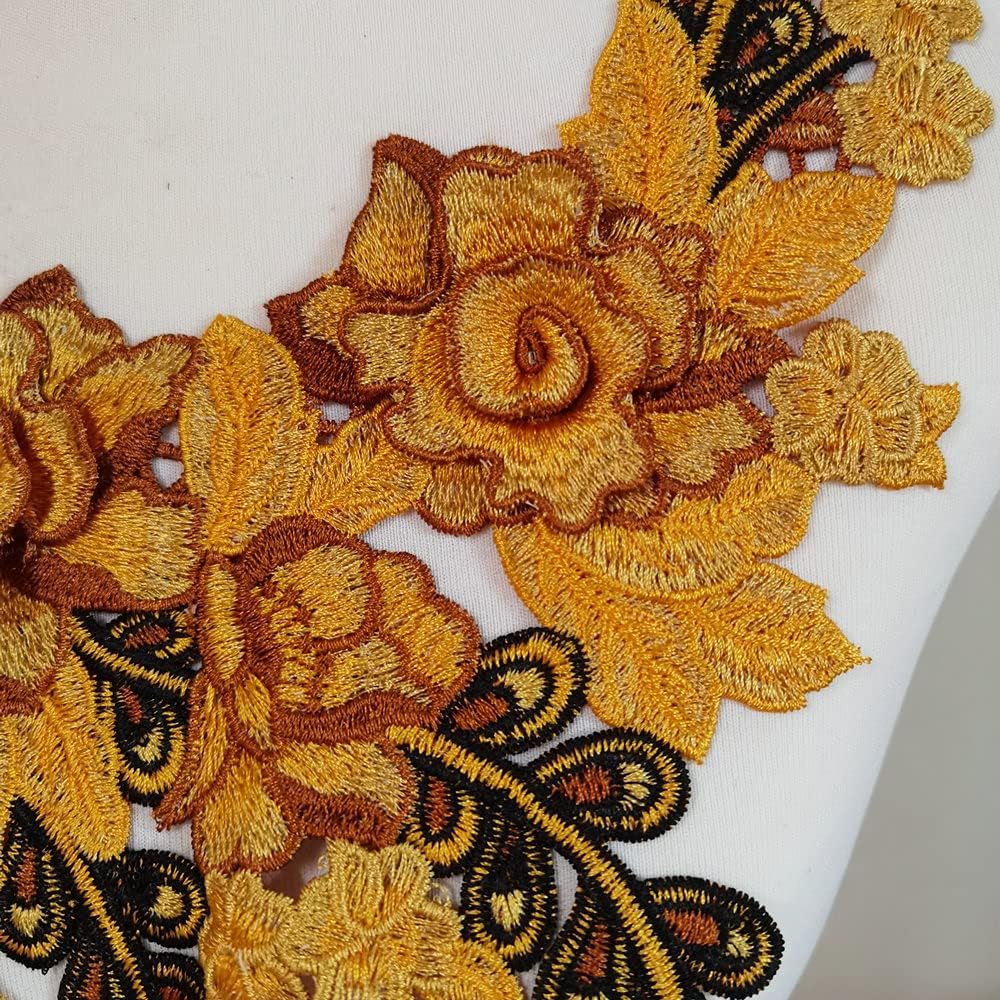 Yellow Embroidered Lace Neckline Collar Warm Tones Floral Brown Leaf Applique Patches Scrapbooking Embossed Sewing : Arts, Crafts & Sewing