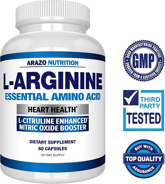 Arazo Nutrition Premium L Arginine - 1340mg Nitric Oxide Booster with L-Citrulline & Essential Amino Acids for Muscle Gain and Energy - Powerful NO Booster to Train Longer & Harder 60 Capsules