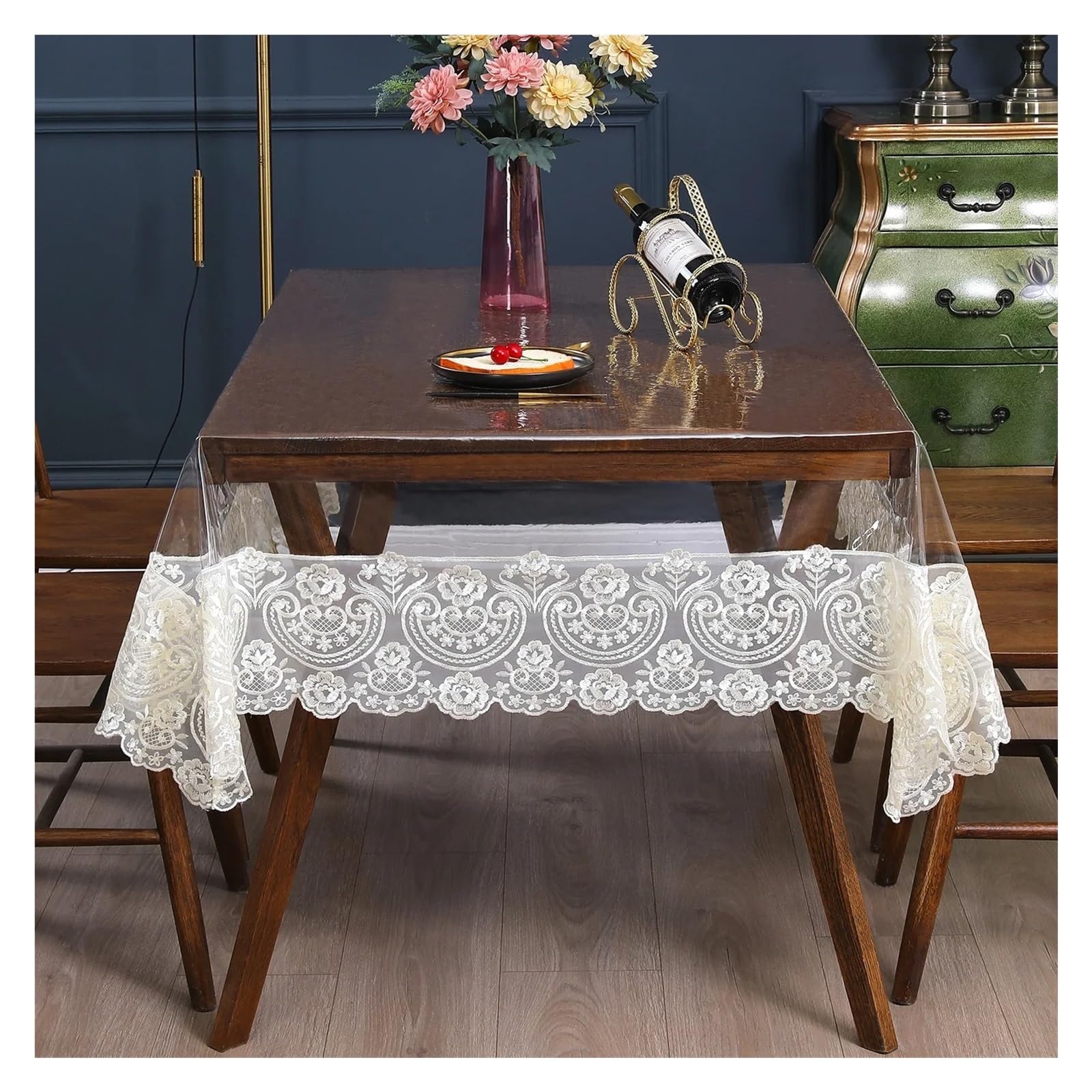 Clear Table Protector PVC Tablecloth Embroidery Lace Transparency Table Cloth Waterproof Oilproof Kitchen Dining Cover For Rectangular(White,85x85cm 1pcs)