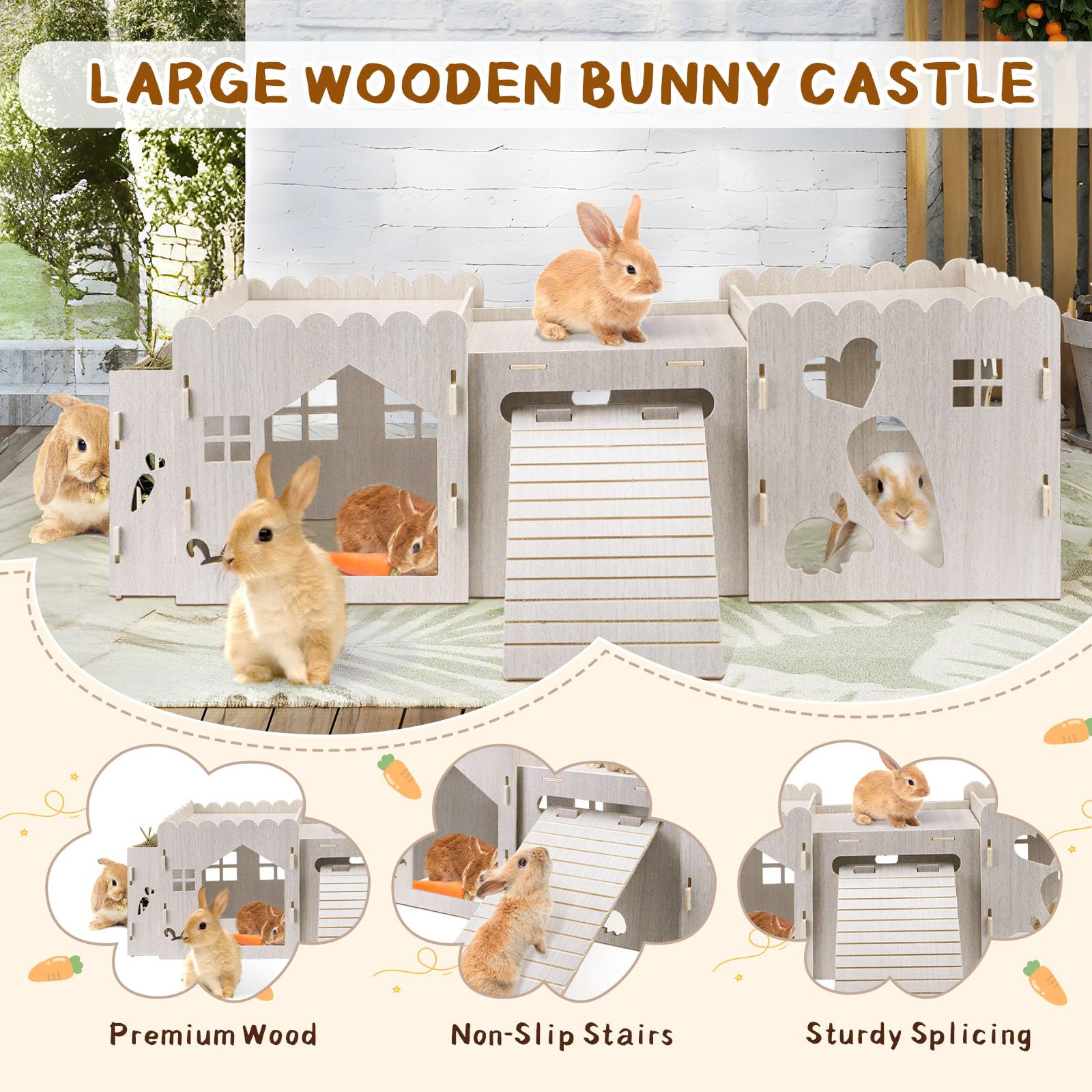 Große hölzerne Kaninchen Schloss, Nagelfreie abnehmbare Kaninchens Versteck mit Nahrungsschale, Kaninchen Rampe & Multi-Löcher, niedliche Kaninchens Haus Fitting Syrische Hamster