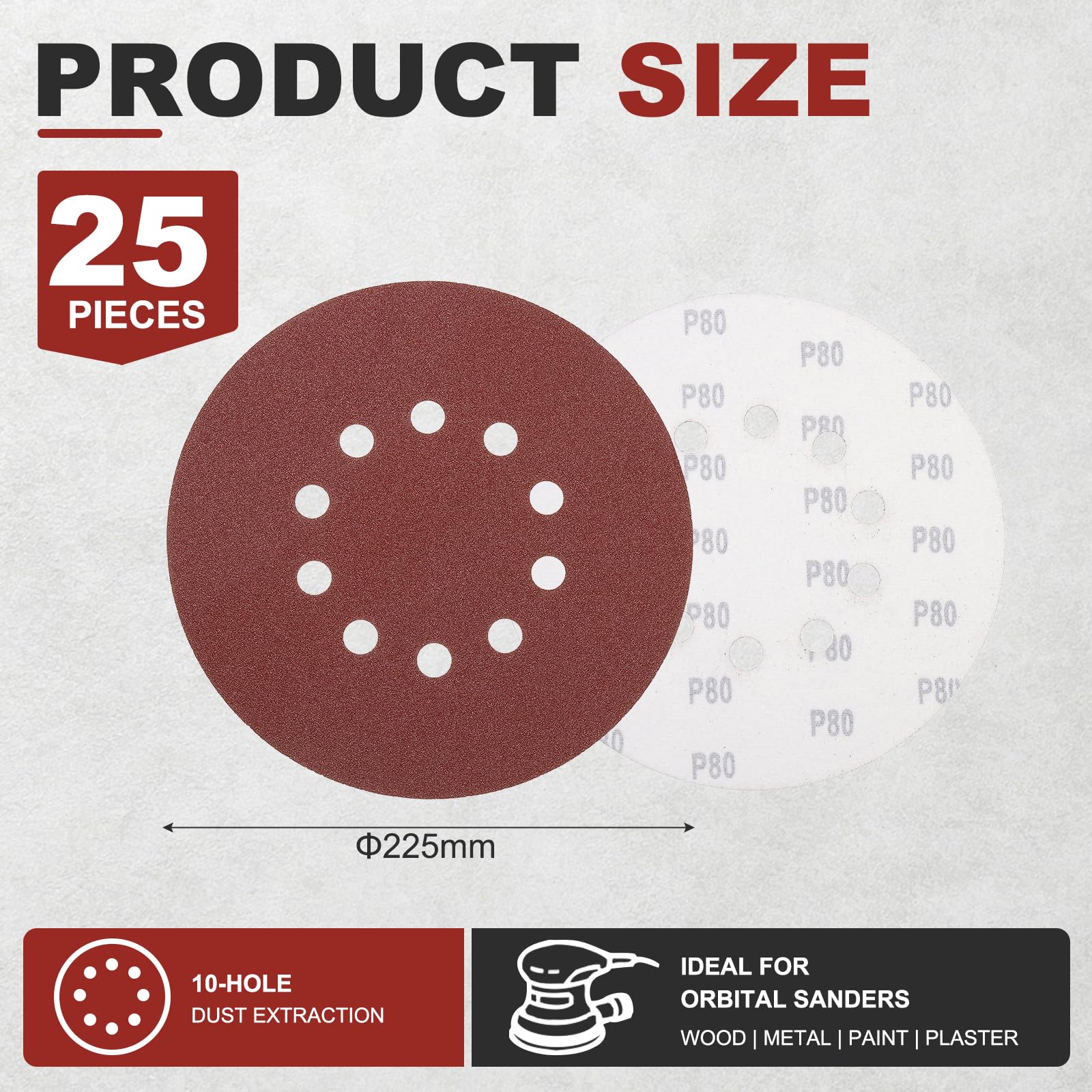 DTGN 25 Fogli Carta Vetrata 225mm Chiusura Strappo 10 Fori Grana 80 Rossa