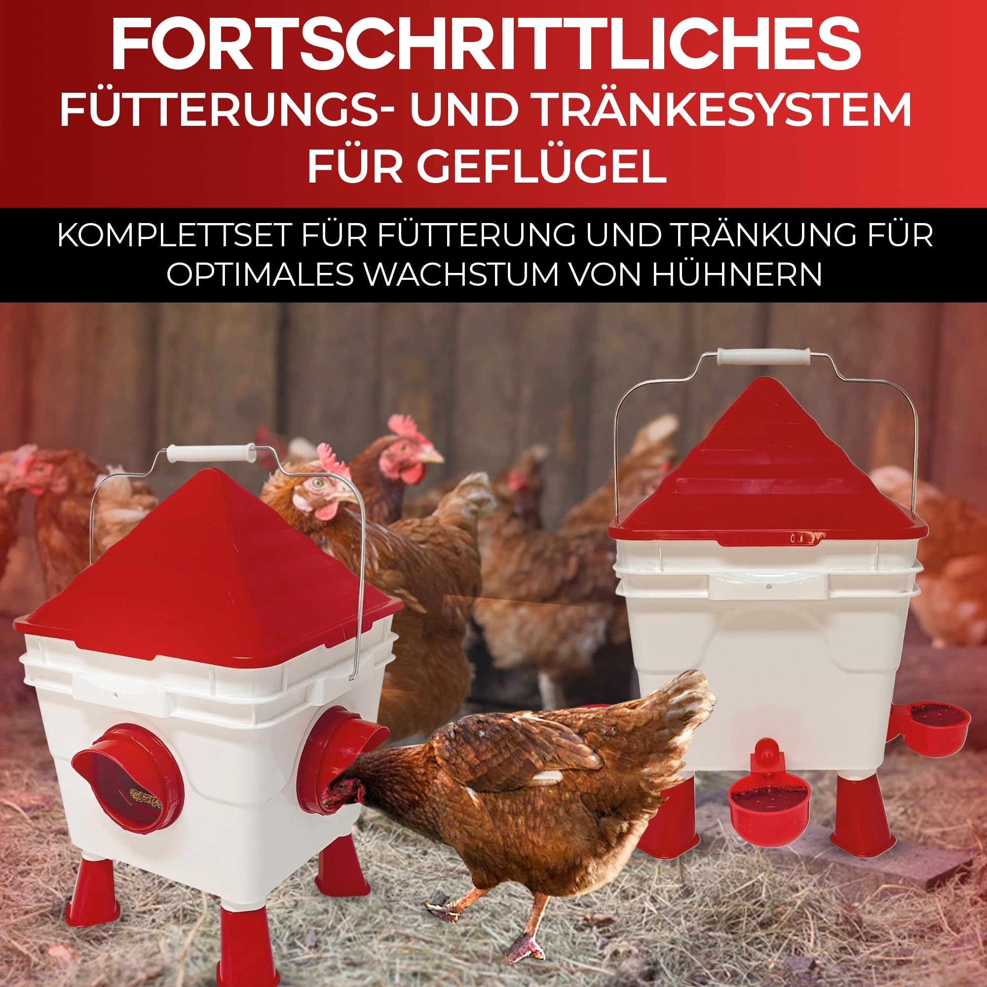 Breker Hühner Tränkeeimer 8 L + Futterautomat 6 KG [mit ABNEHMBAREN STANDBEINEN] Futterspender & Hühnertränke für Hühner, Enten und Gänse - inkl. 1M Metallkette - Automatiktränke - mit 4 Öffnungen