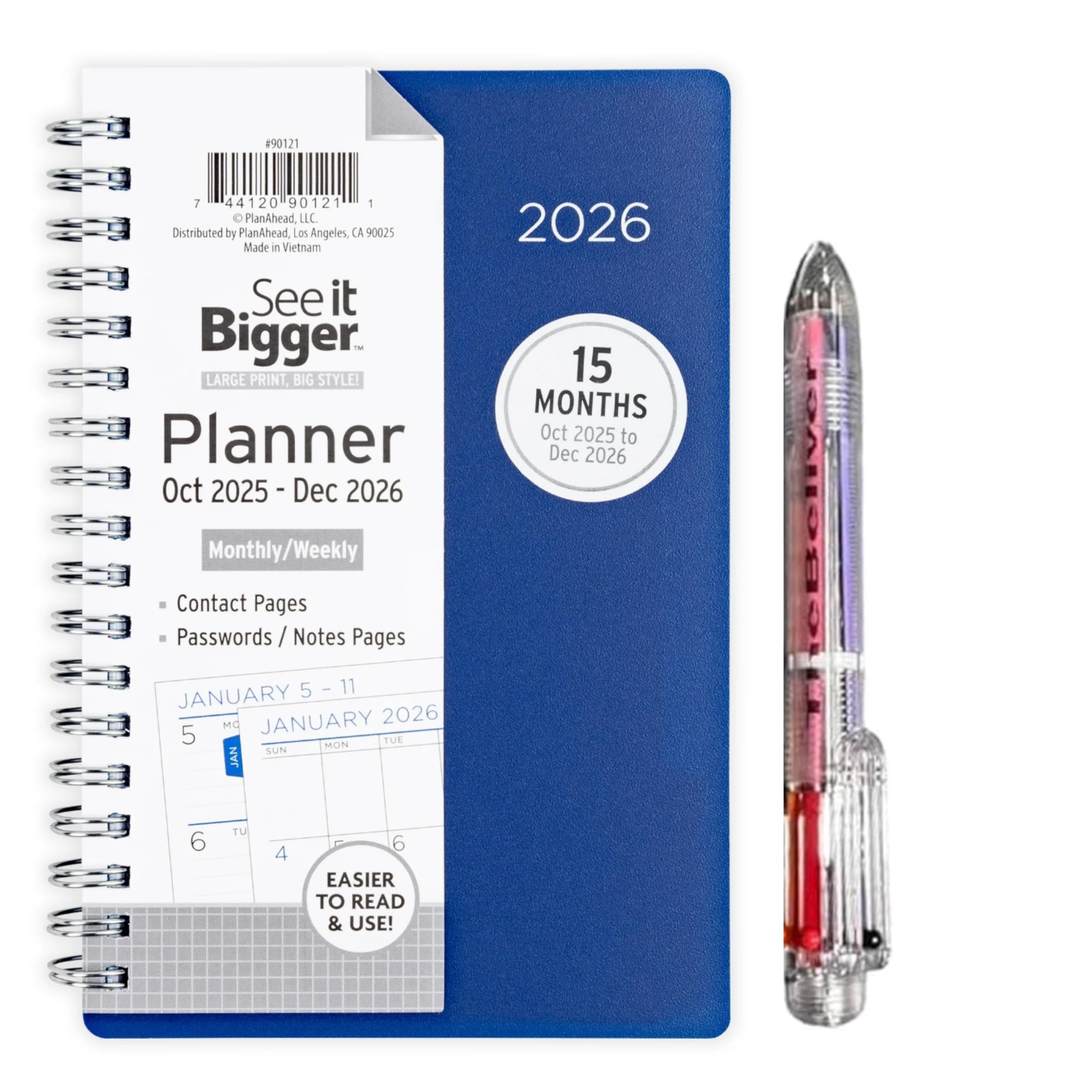 PlanAhead See It Bigger Monthly/Weekly Planner VINYL FLEXIBLE COVER/Small, Size (4.5" x 6.5") and 6 in 1 Multicolor Ballpoint Colorful Ink Pen from TheBeliver LLC.