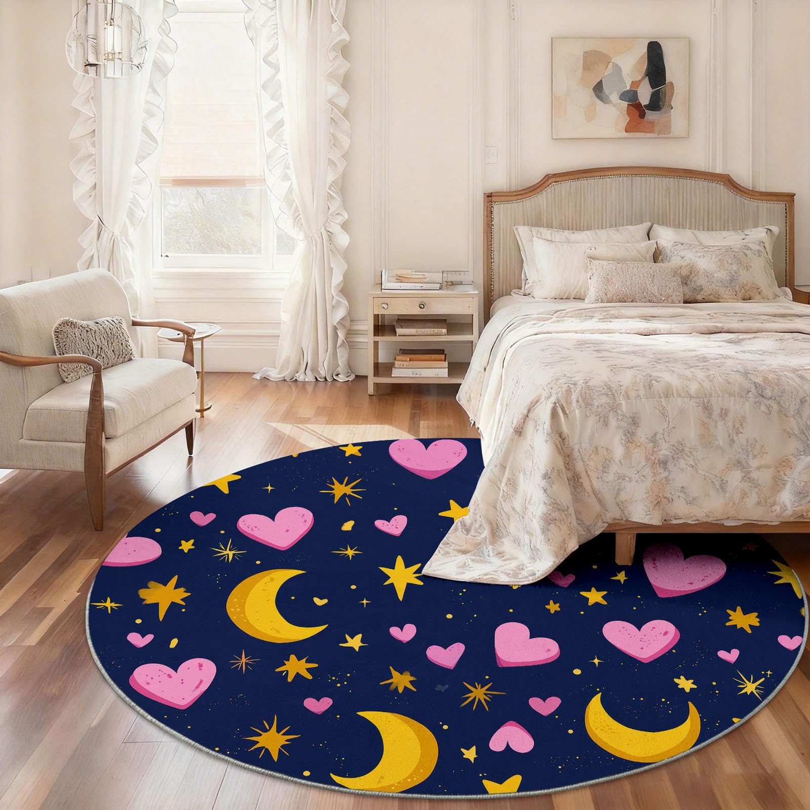 Générique Tapis Rond Salon Espace Cœur Lune, Tapis à Poils Courts de Sol Lavable Décoration Antidérapant pour Chambre Bébé Chambre Fille Chambre 100 cm, Dessin Animé