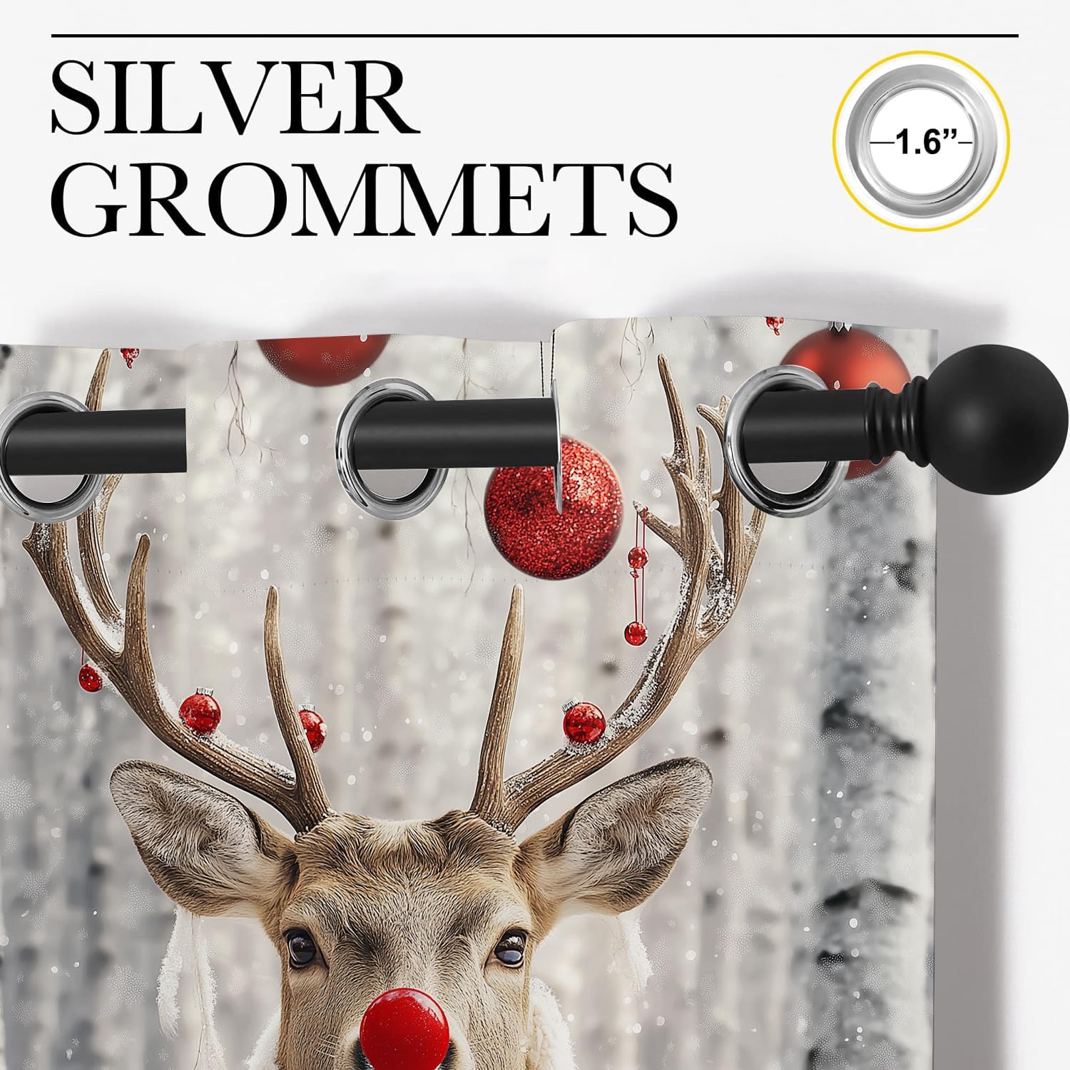 Christmas Rod Pocket Blackout Curtains for Boy Girl Bedroom, Pine Branch Mushrooms and Bells Thermal Insulated Home Window Drapes for Living Room Darkening, 72x63 inch