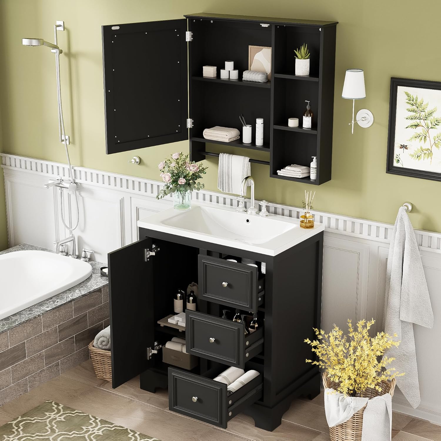 LUMISOL 30" Bathroom Vanity with Sink, Matching Mirror Medicine Cabinet, Solid Wood Bathroom Vanities with 3 Drawers and Soft Closing Door, Undermount Ceramic Sink, Black