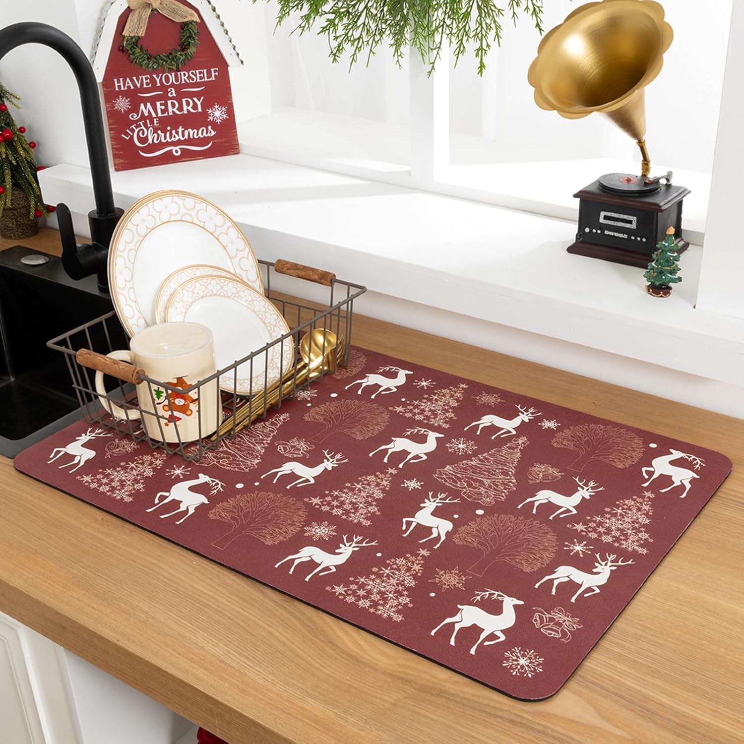Christmas Dish Drying Mat for Kitchen Counter, 12"x20" Ansorbent Coffee Bar Mat Dish Drainer Rack Mat for Kitchen Countertop Christmas Decor (Ancora Red, 12"x20") Elks&Trees?Ancora Red 12x20? 20" x 12"