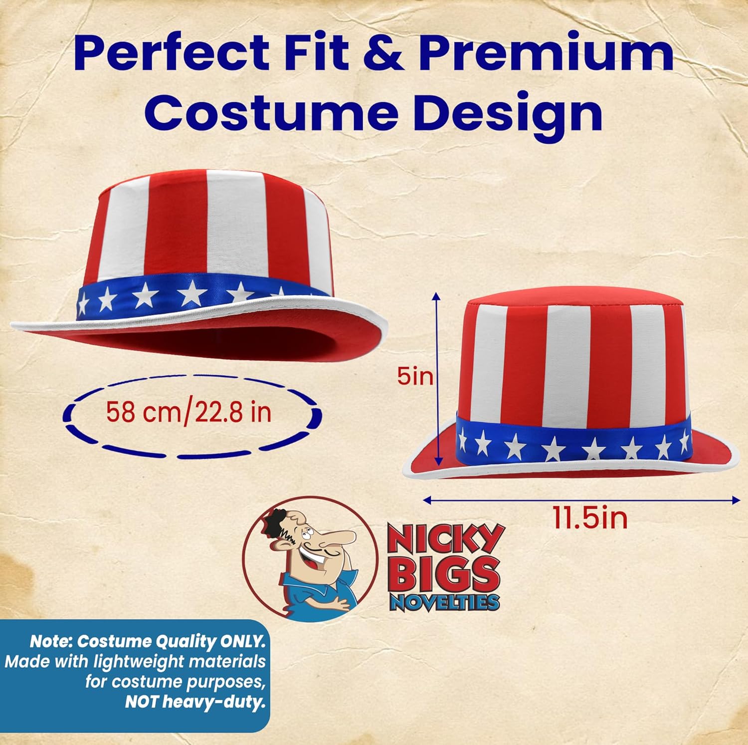 Nicky Bigs Novelties Morph Uncle Sam Patriotic Top Hat Red White Blue Costume Cap with Stars 4th of July Parade Holiday Festival Party Accessory for Men and Women One Size Fits Most
