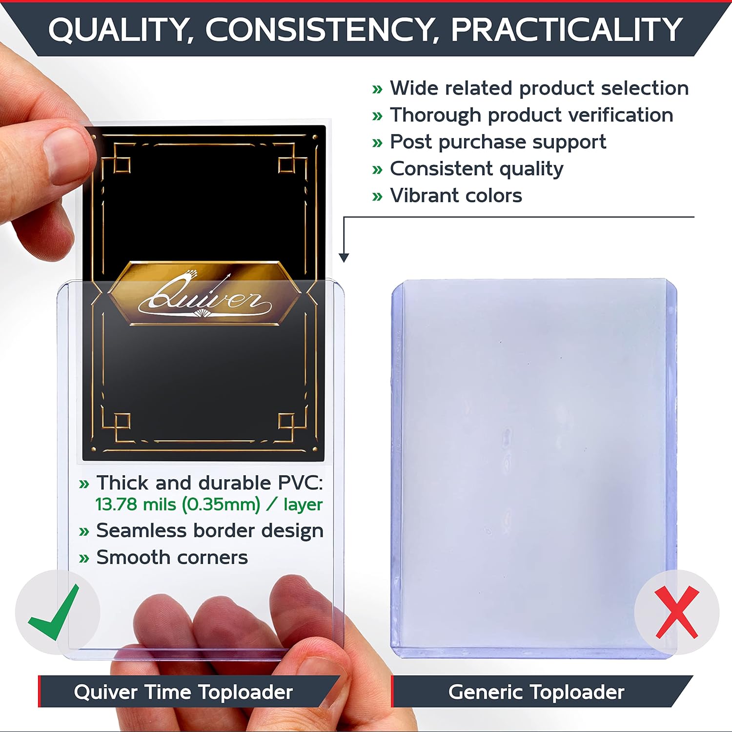 Quiver Time 100 Clear 3x4 Top Loaders for Cards - Durable 35pt Toploader Hard Plastic Card Sleeves for Sports, Baseball, Football & TCG Cards (+100 Penny Sleeves +100 Pull-Tabs +Storage Box)