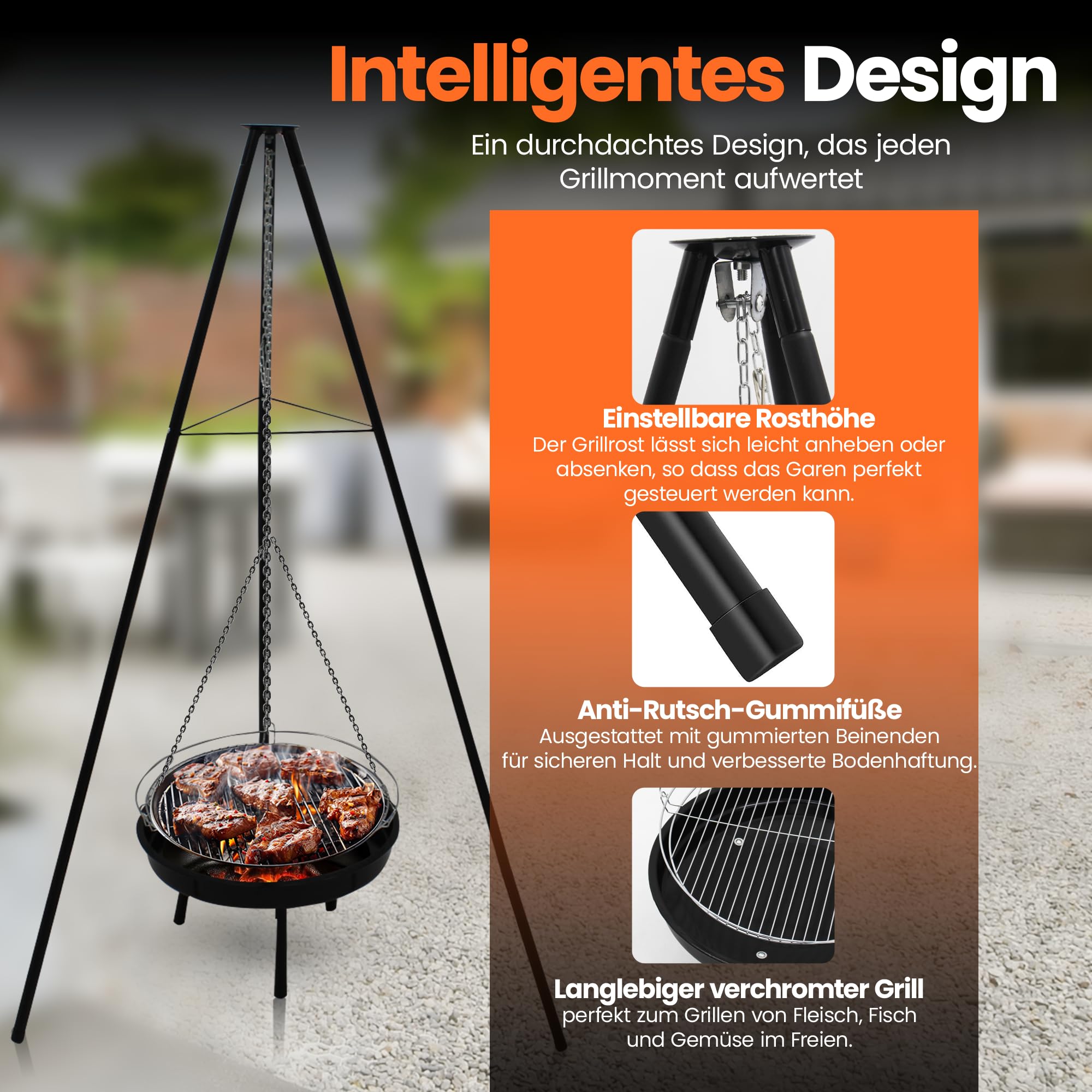 BBQ Multi-Grill Schwenkgrill, Tripod Set,160 cm,Dreibein mit Feuerschale,Grillrost,Räucherplanken & Topf, Höhenverstellbar, Outdoor Grillen, Kochen im Garten schwarz
