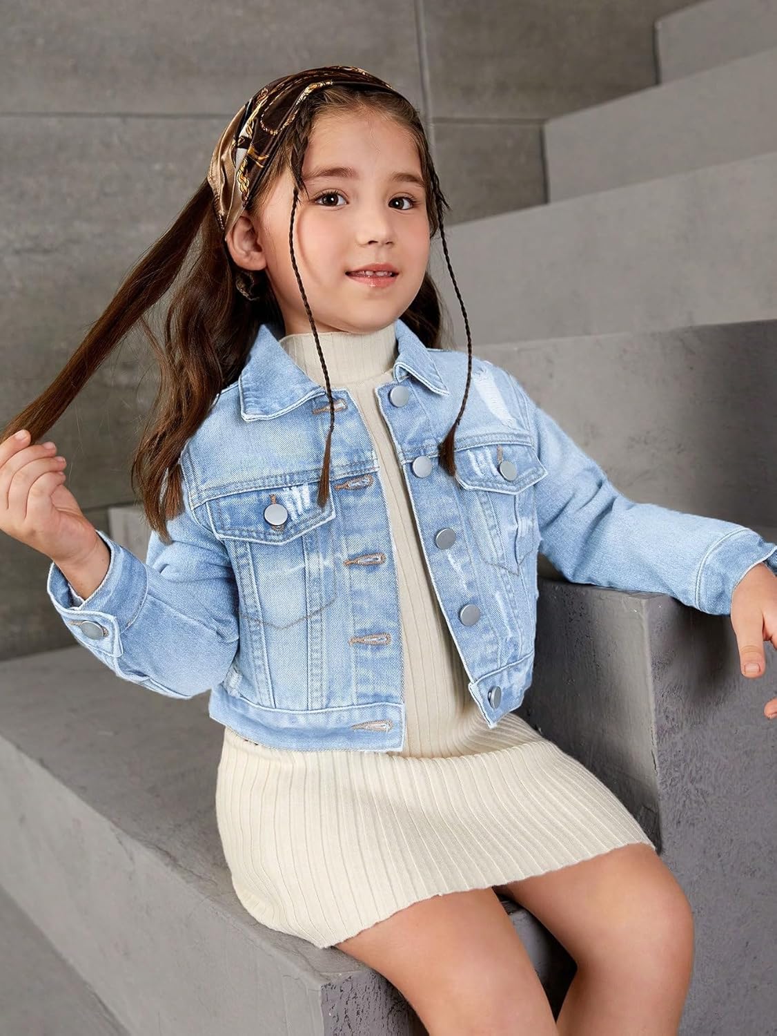 WDIRARA Toddler Girl's Collared Long Sleeve Button Front Ripped Denim Shirt Jacket