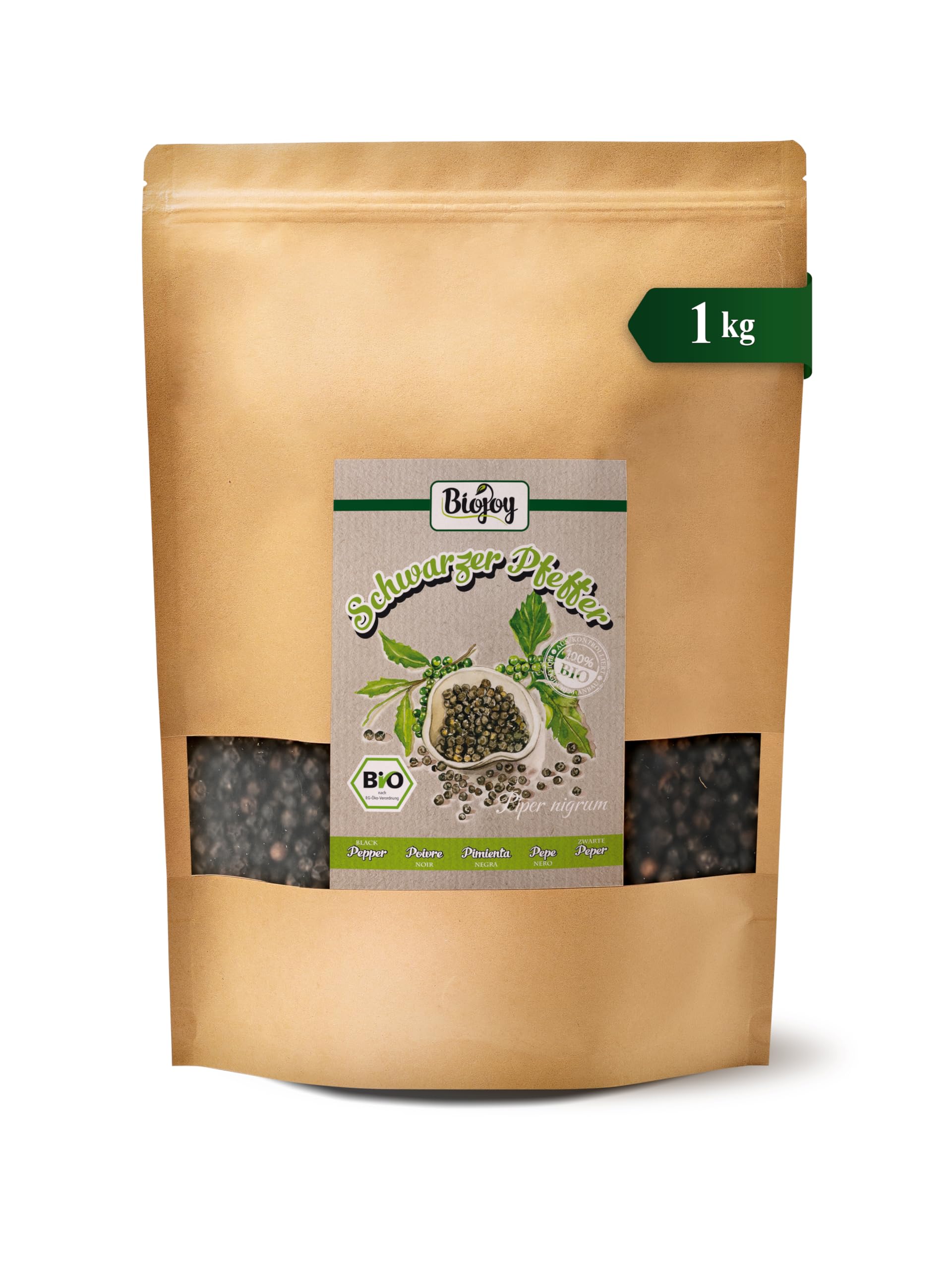 Biojoy BIO-Pepe nero in grani (1 kg), intero, ideale per insaporire, senza additivi (Piper nigrum)