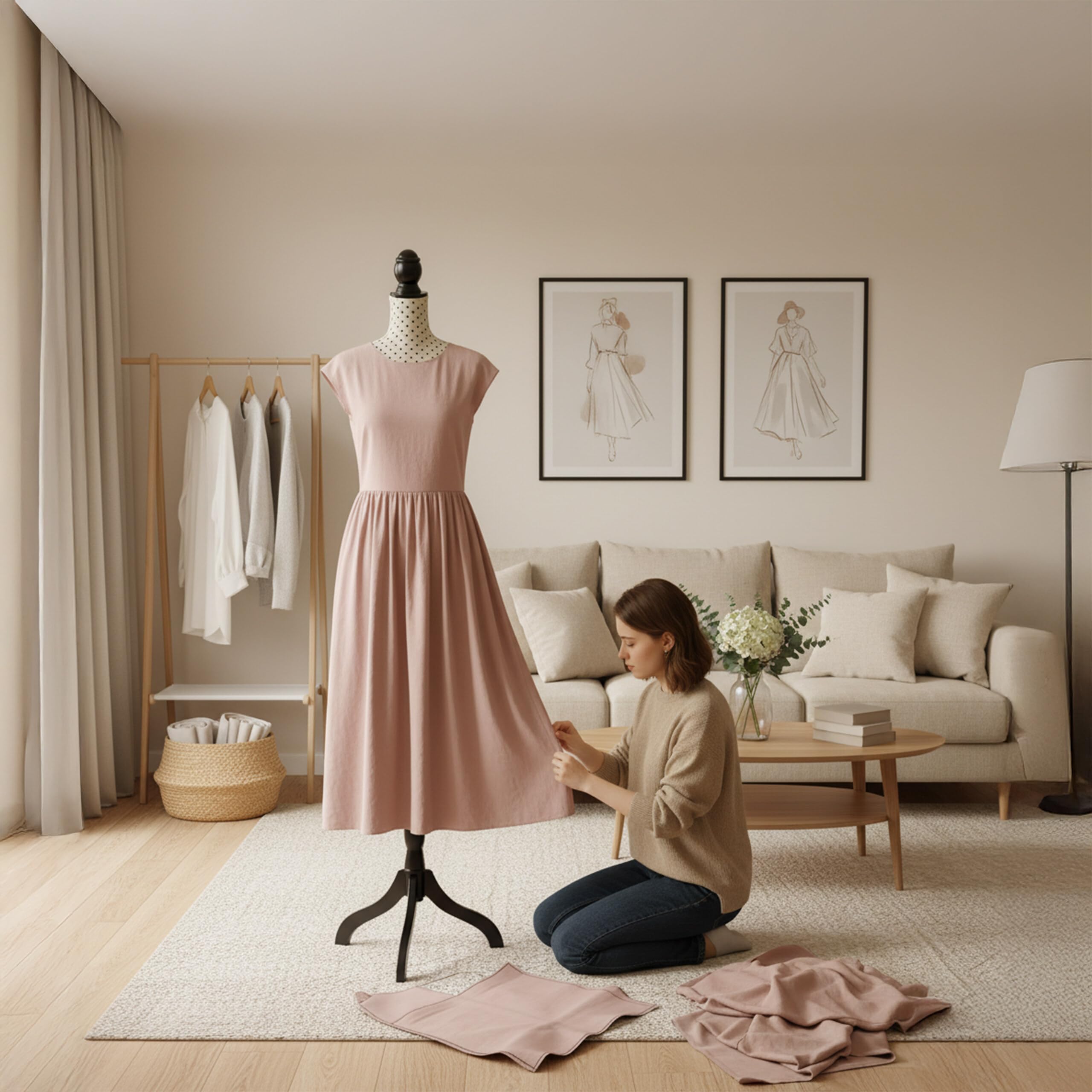 Relaxdays Manichino da sarta, Donna, Taglia 36/38, Regolabile 130–167 cm, a Pois, Base in Legno