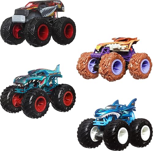 Hot Wheels Monster Trucks, Camiones monstruo a escala 164, juego de 4, ruedas gigantes, personajes favoritos y diseños geniales
