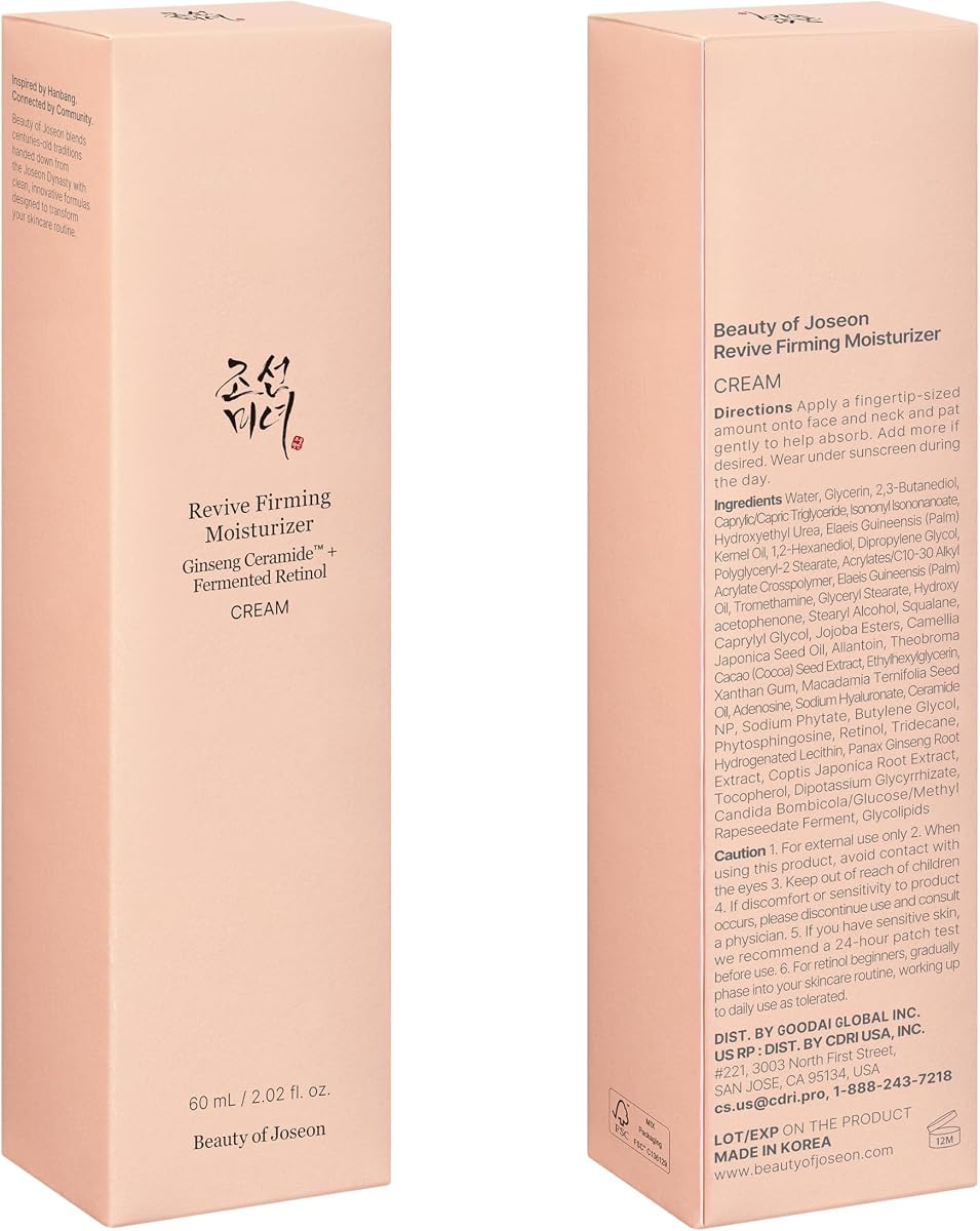Crema hidratante reafirmante Beauty of Joseon Revive Ginseng Ceramide + Retinol fermentado (60 ml,2.02 fl.oz.) y suero para ojos Revive con niacinamida retiniana (30 ml, 1 fl.oz.)