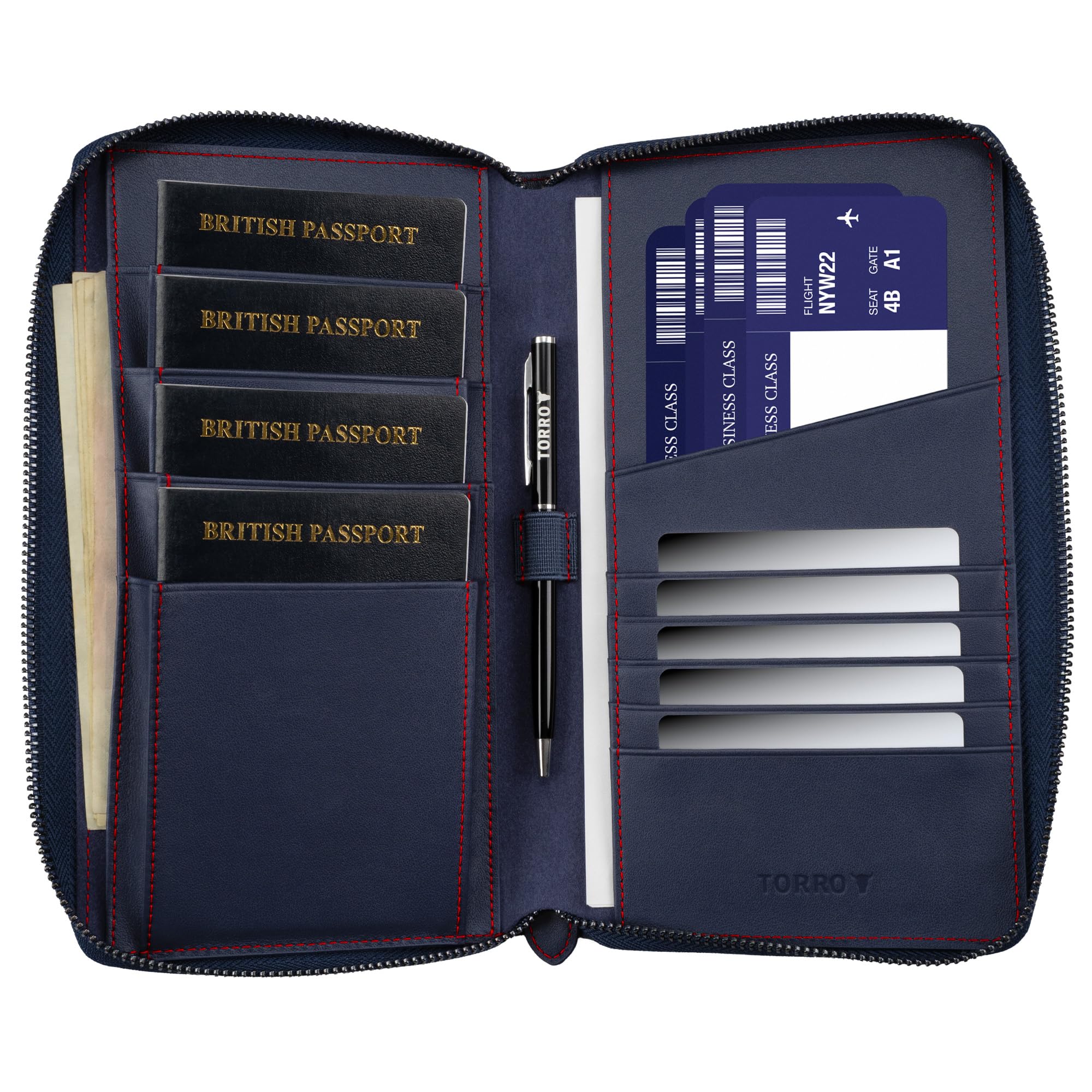 TORRO Cartera de Viaje Familia – Organizador de Viaje de Cuero de Primera Calidad/Cartera de Viaje con Soporte para Pasaporte Familia para 4 Pasaportes (Azul Marino)