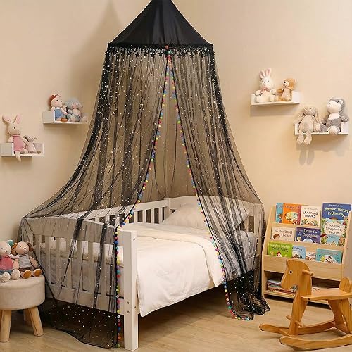 Dosel de cama negro arcoíris para niñas, cortina de cama redonda brillante de princesa infantil con purpurina de estrella y luna, dosel para cuna