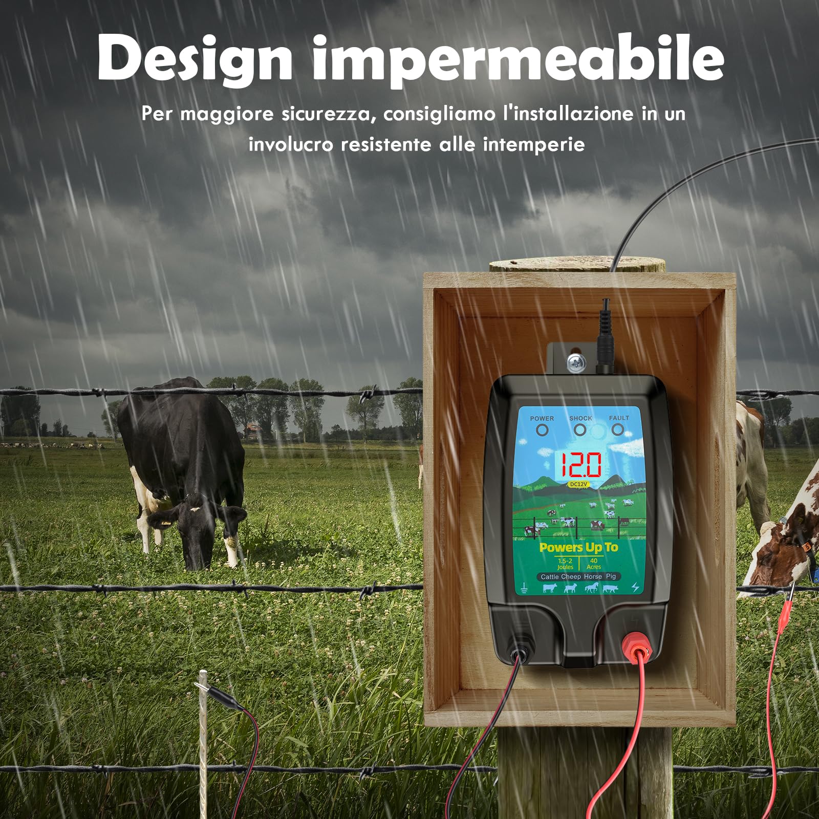 Recinzione Elettrica per Animali 10KM, Potente Elettrificatore 2J Recinzione Elettrica con Schermo LCD, Recinzione Elettrica ad Alta Potenza Impermeabile per Protezione degli Animali
