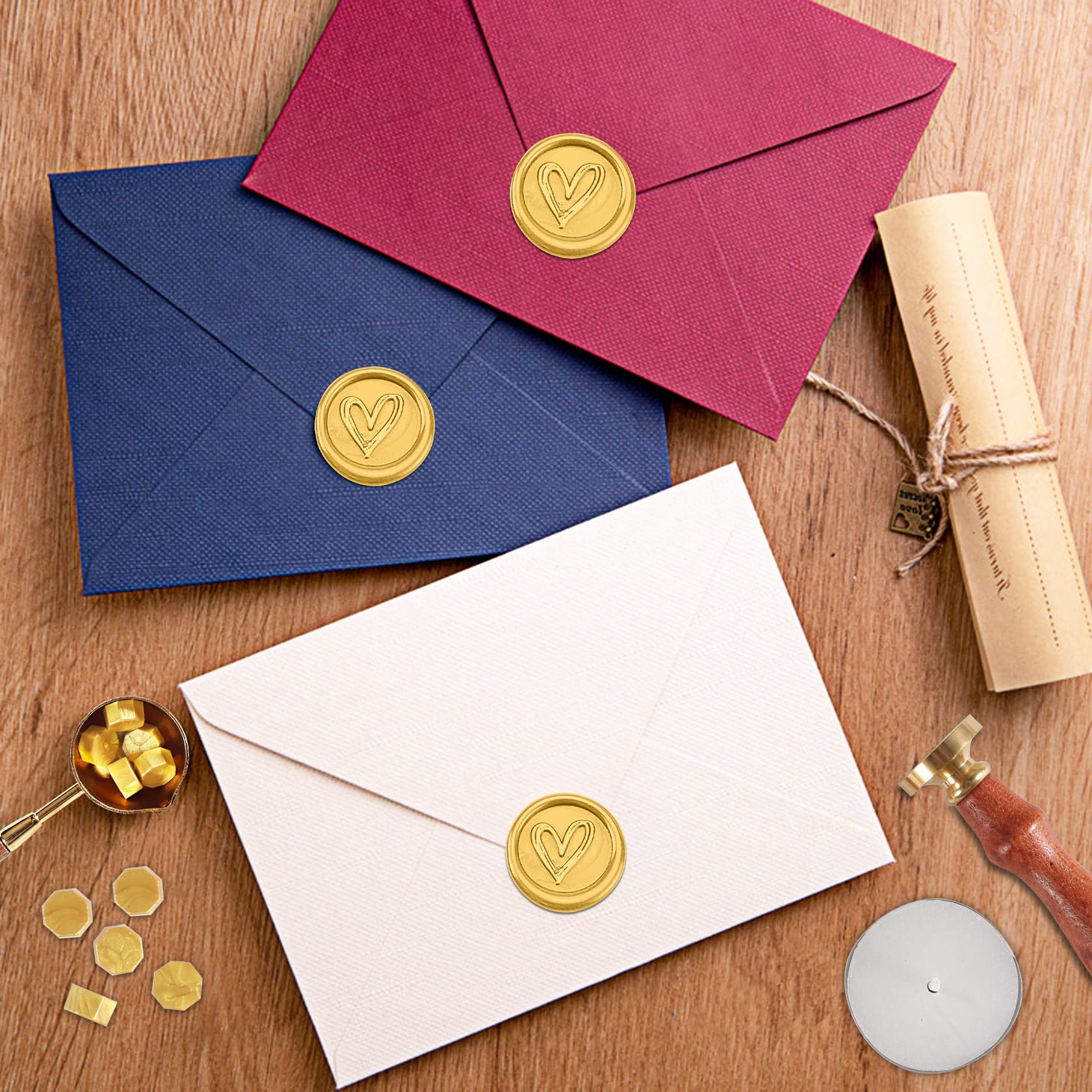 Lot de 200 Perles de Cire à Cacheter avec Cachet, Cuillère et Bougies - Doré Cœur