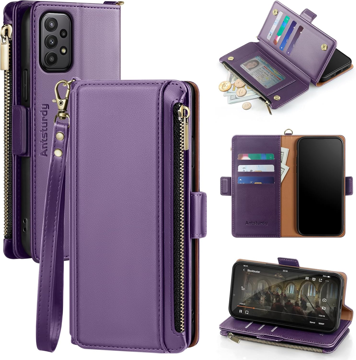 Antsturdy Compatible with Samsung Galaxy A23 5G Case Wallet with Card Holder Women Men Phone Case RFID Blocking PU Leather Flip Shockproof Cover with Strap Zipper Credit Card Slots,Purple