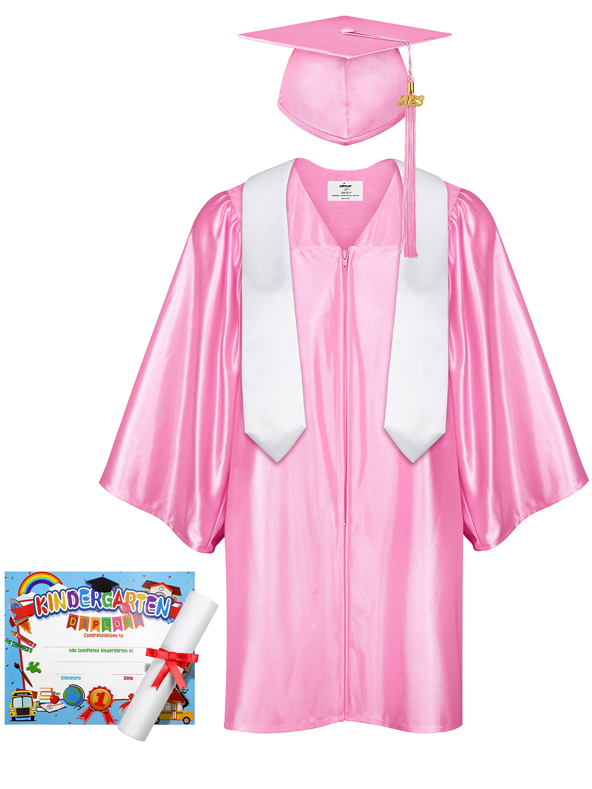 SOMSOC 5 Pieces 2023 Preschool Kindergarten Graduation Gown Cap Sash Set with 2023 Tassel, Certificate for Toddler Children
