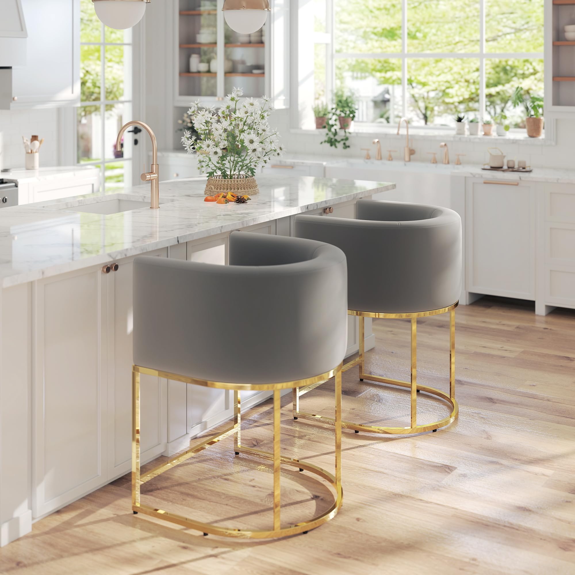 modern counter height velvet fabric upholstered counter stools set of 2, 24 inch kitchen island stool with gold finish metal frame, grey