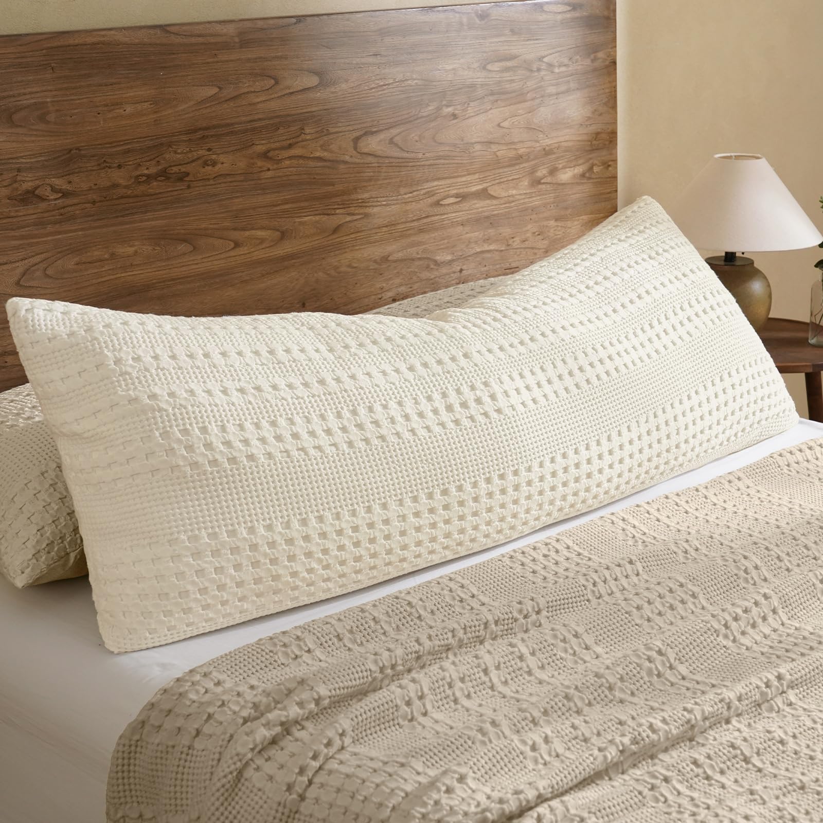 phf 100% cotton waffle body pillowcase with zipper, 1 pack 20" x 54" soft skin-friendly pillow sham, no filling, aesthetic woven and breathable waffle weave body pillow cover for bed, ivory