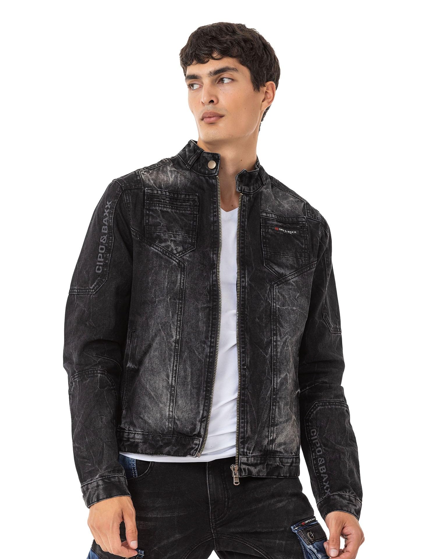 Cipo & Baxx Herren Jeansjacke CJ299 Schwarz – Stylische Denim Jacke im Biker Design mit Stehkragen, Reißverschluss & Used-Waschung – Übergangsjacke für Alltag & Freizeit – CJ299 Schwarz 3XL