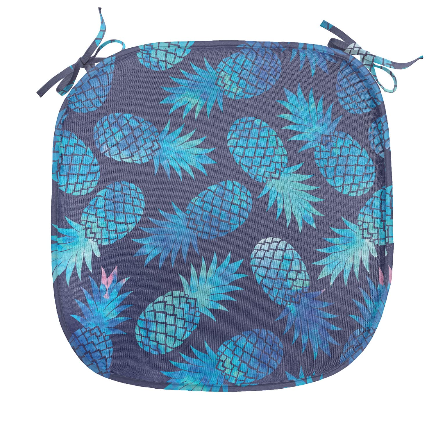 Ambesonne Pastel Chair Seating Cushion Set of 8, Tropical Hawaiian Pineapple in Blue Shades Hipster Exotic Summer Fantasy, Anti-Slip Seat Padding for Kitchen & Patio, 16