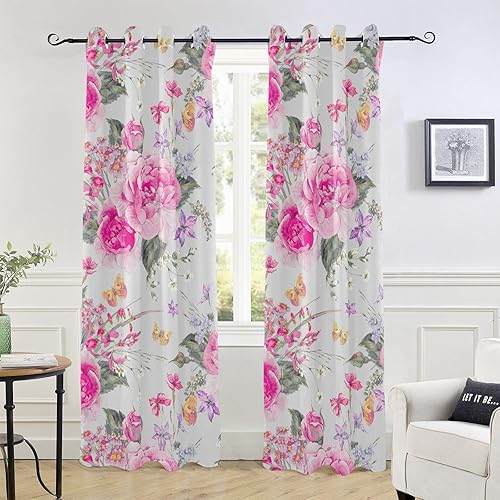 Cortinas opacas con diseño de mariposas y rosas de acuarela de 84 pulgadas de largo para dormitorio y sala de estar, cortinas de oscurecimiento con