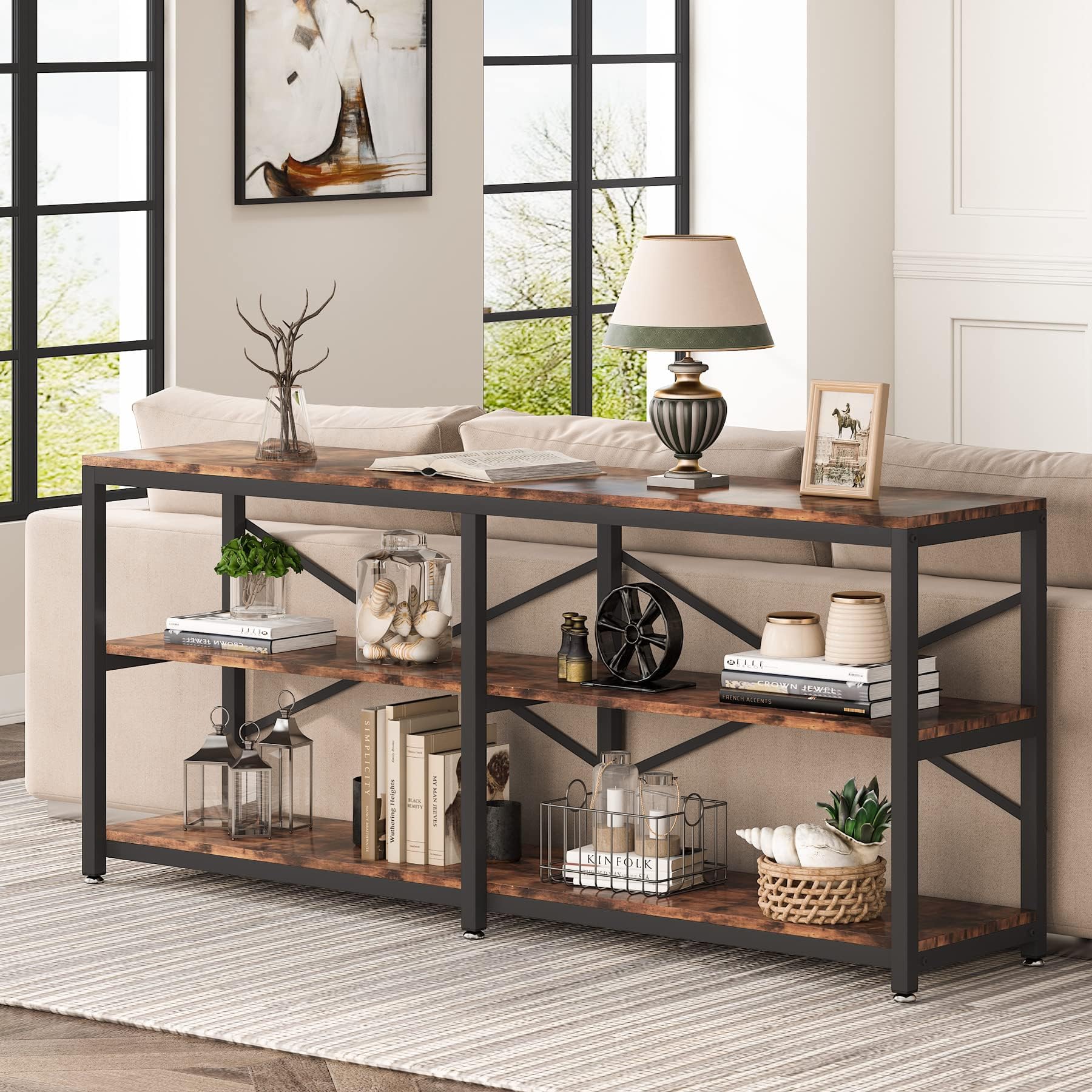 Tribesigns 180cm Extra Long Console Table, Modern Sofa Table Behind Couch Table with Storage Shelves, 3-Tier Industrial Hallway Entryway Table for Living Room, 3 Shelf Bookshelf(Brown)
