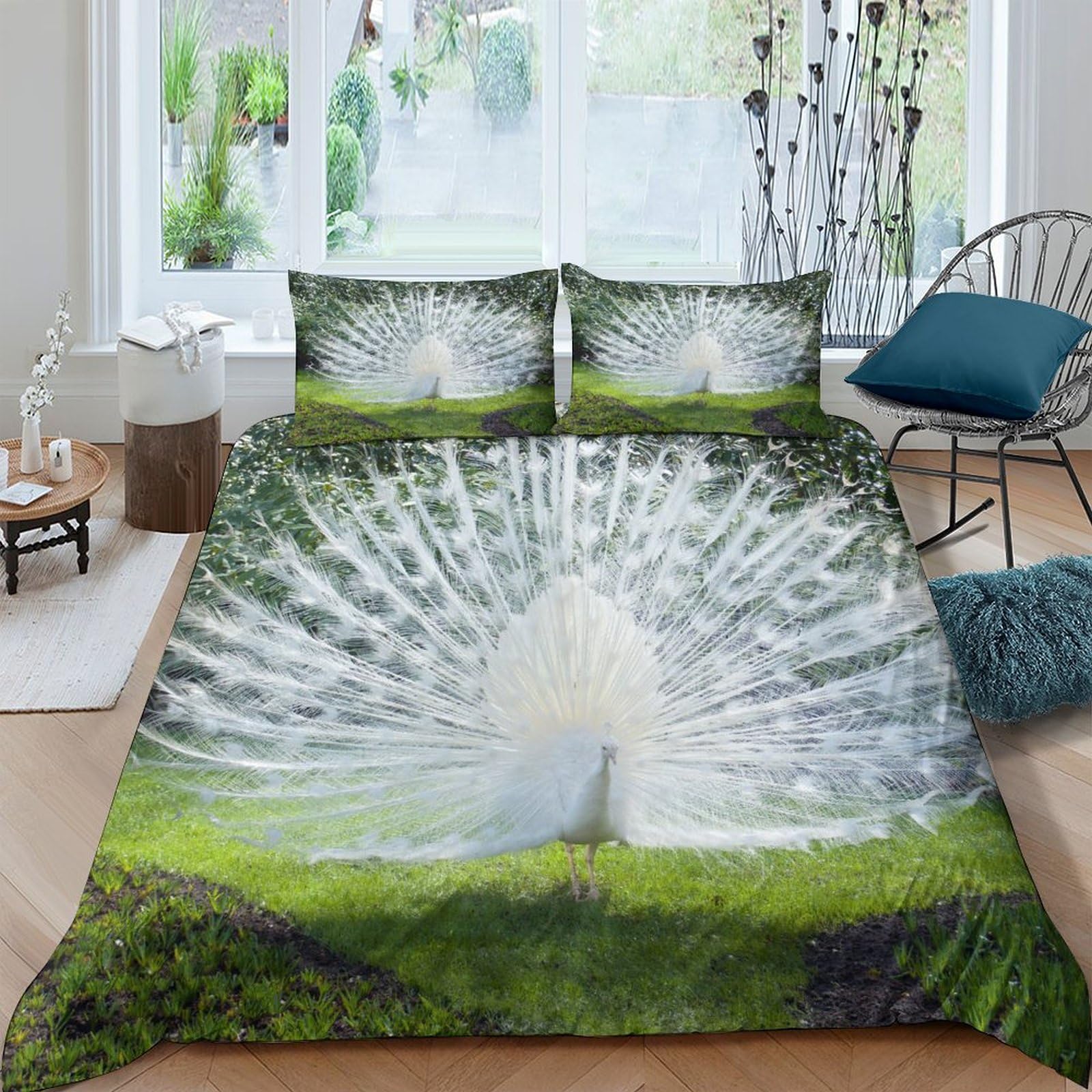 Housse de couette paon blanc microfibre infroissable sans repassage