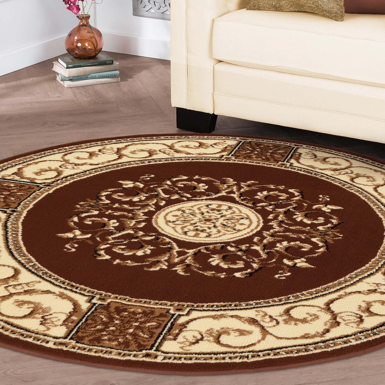 Superior Indoor Area Rug, Plush Carpet Cover, Traditional Oriental Medallion, Perfect for Hallway, Entryay, Living, Dining, Bedroom, Office, Kitchen, Medallion Collection, 5' Round, Toffee