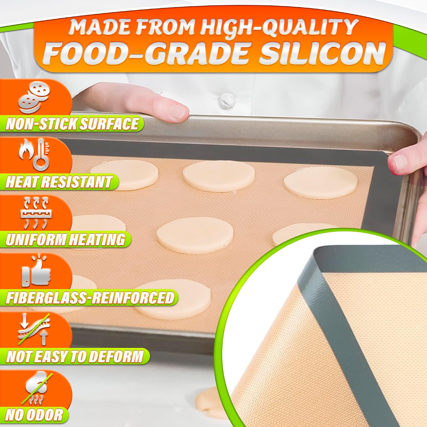 3 Pcs Silicone Baking Mat with Reinforced Edges, Heat Resistant