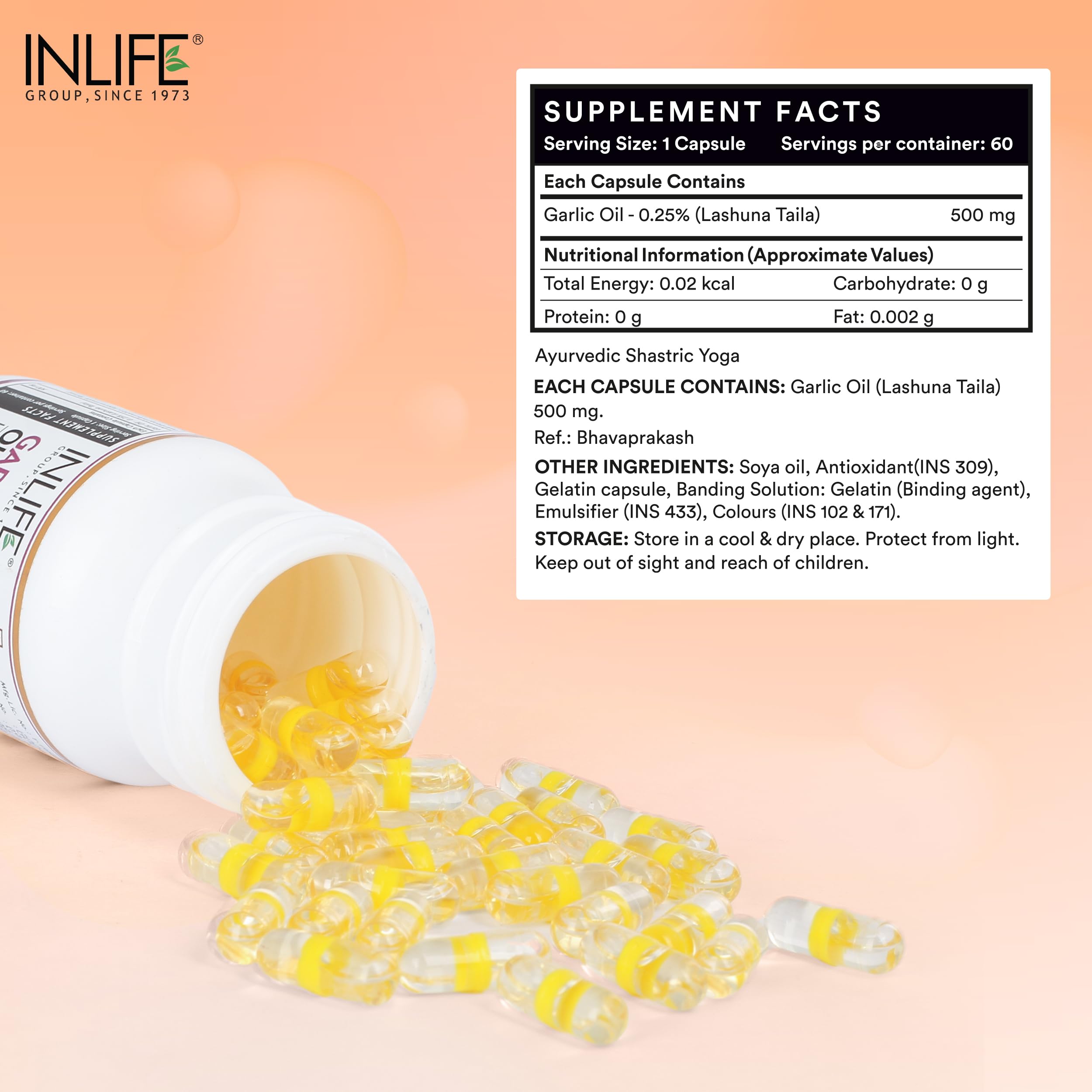INLIFE Garlic Oil Supplement 500mg, Lashuna Taila, 60 Capsules