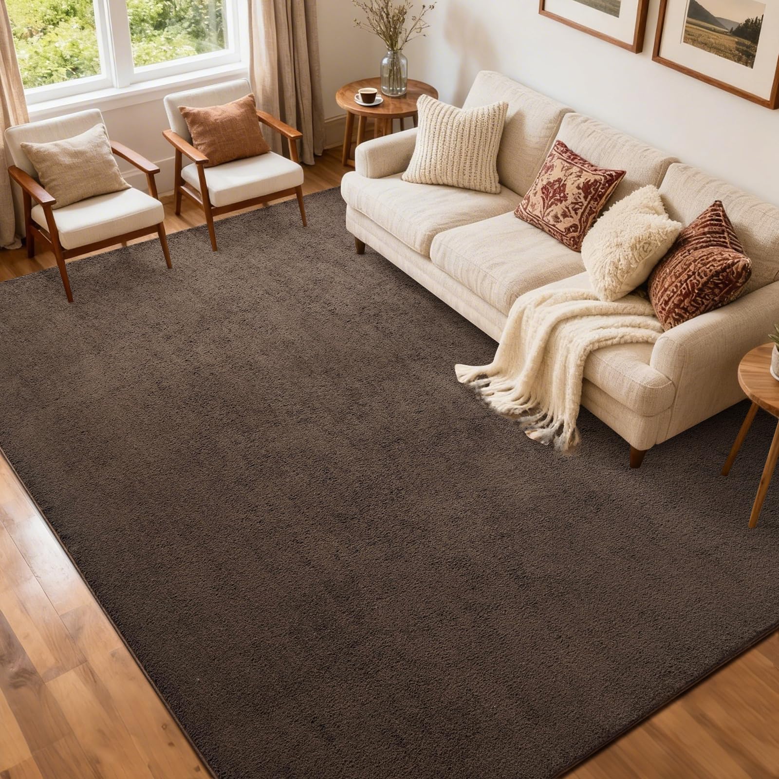 Photo 1 of FinRe?c 5x7 Washable Area Rugs for Bedroom Living Room, Low Pile Thin Rug Solid Color, Non-Slip Carpet Indoor for Home Decor (Pure Brown)