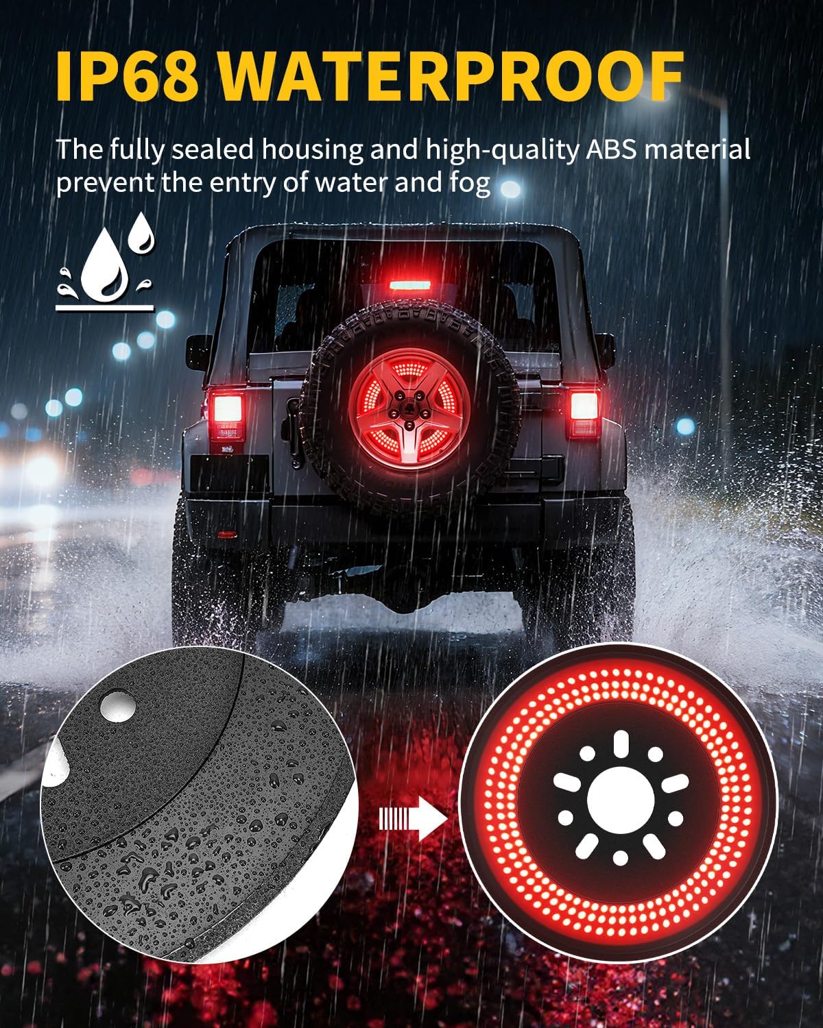 3-Side Spare Tire Brake Light for Jeep Wrangler JK JKU 2007-2018, Plug & Play 3rd Third Brake Light LED Wheel Light with Large Lighting Surface, Red Brake + White Reverse Dual Function