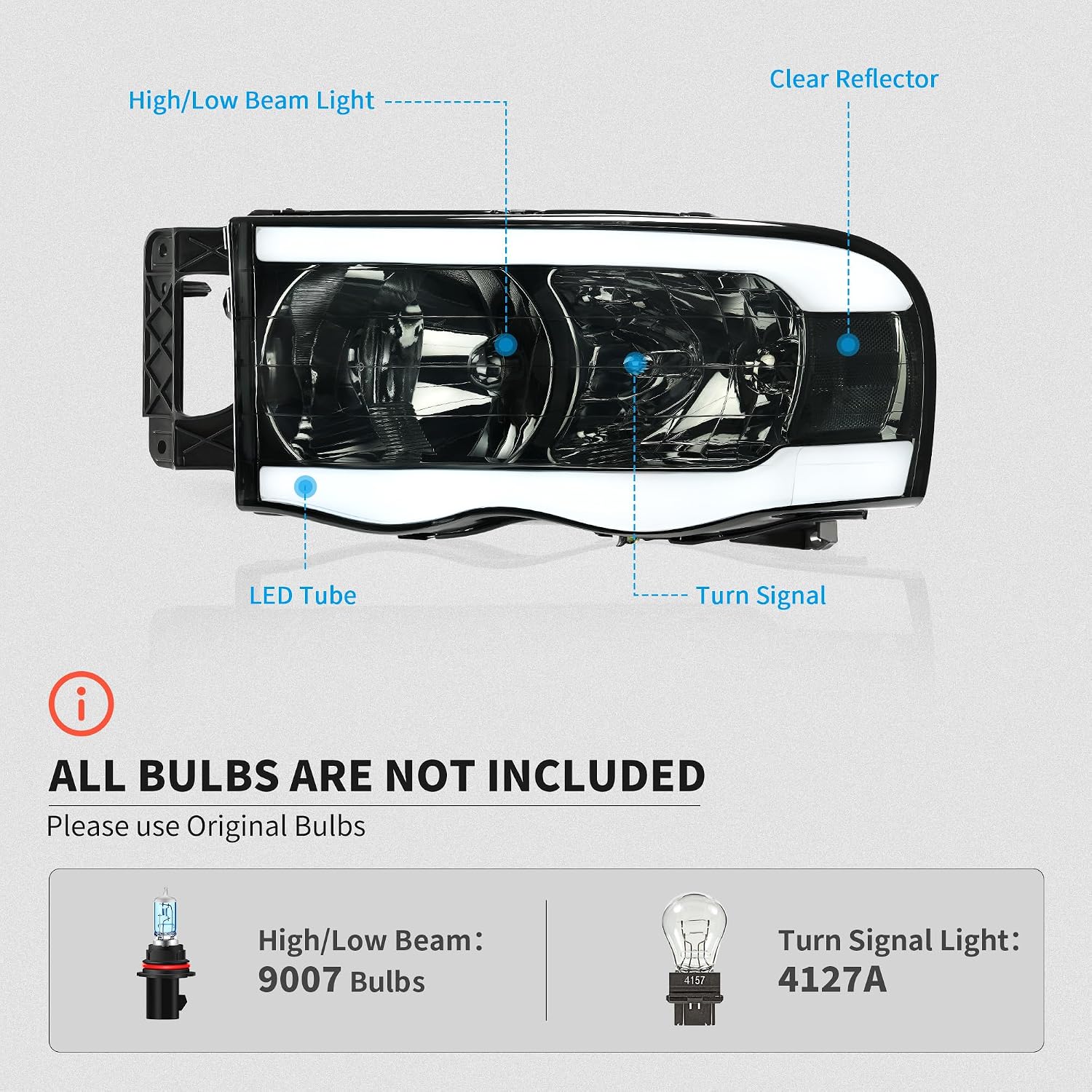 LEDKINGDOMUS LED Tube Headlights Assembly Compatible with 2002-2005 Dodge Ram 1500/2003-2005 Ram 2500/2003-2005 Ram 3500, Only Compatible with Halogen Headlight Models Pickup Headlamp