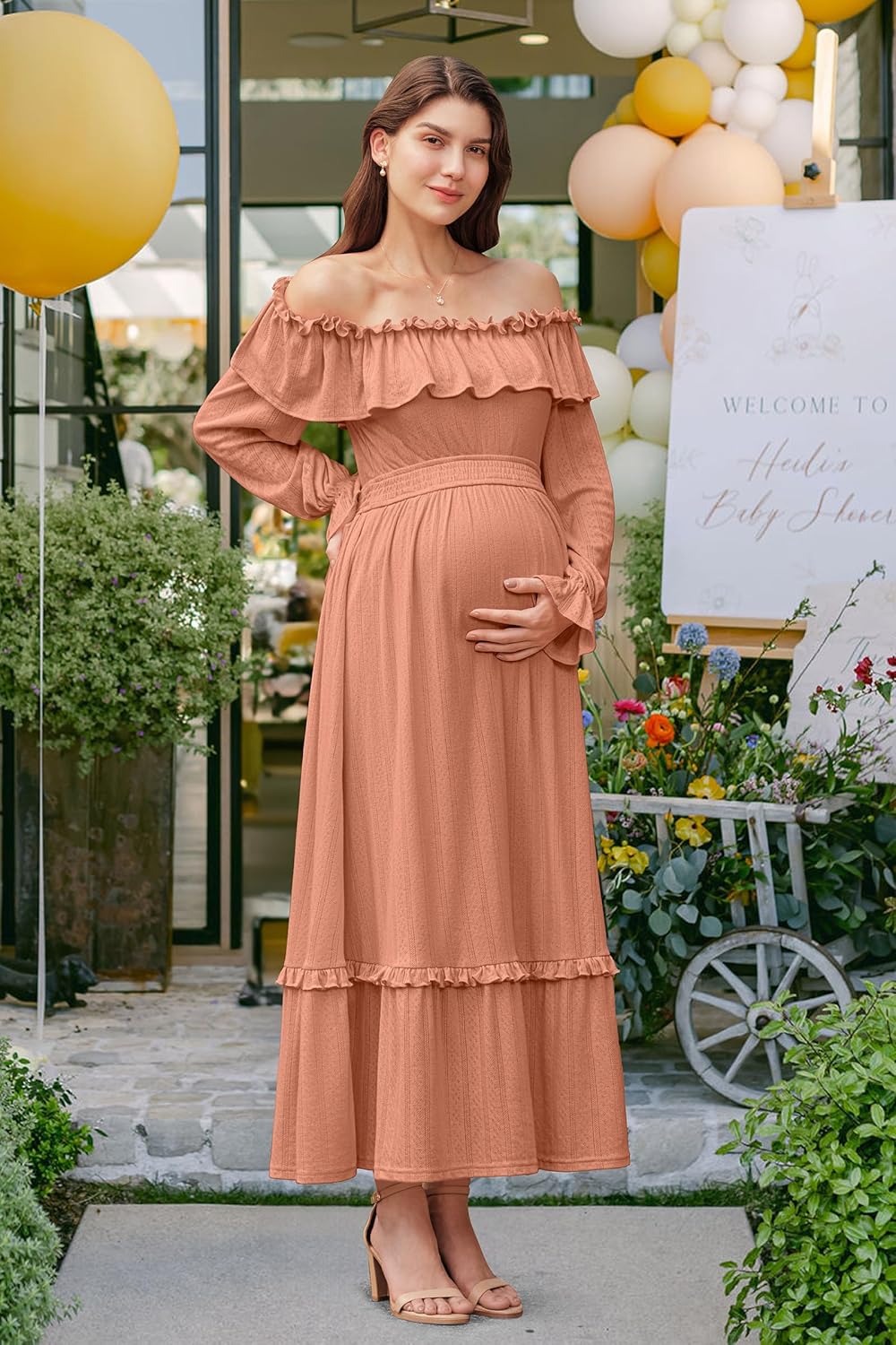 OUGES Women's Cotton Blend Off Shoulder Maternity Dress for Photoshoot Puff Sleeve Ruffle Baby Shower Maxi Dresses - Image 2