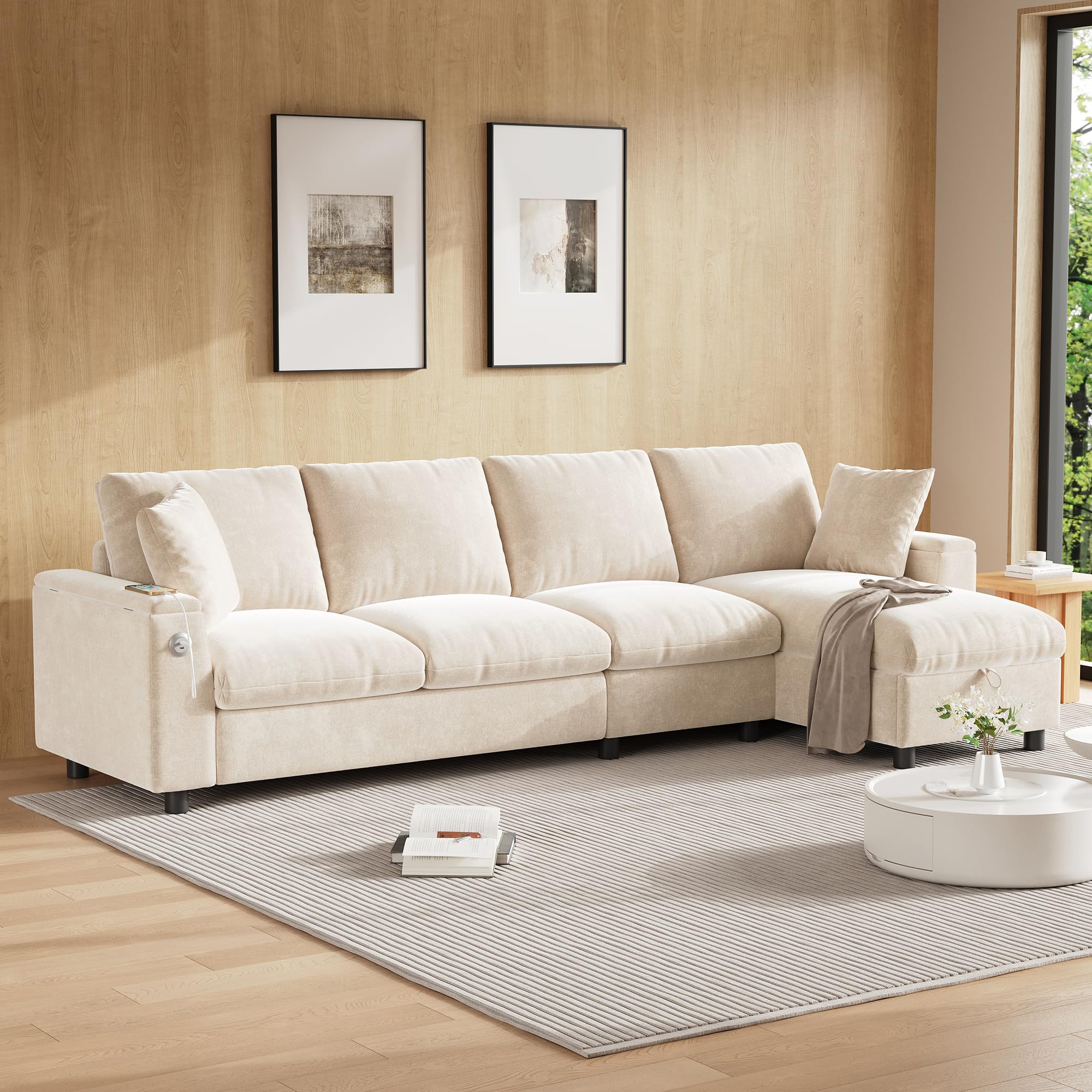 Sofa narożna w kształcie litery L, funkcja spania i wysuwana sofa, materiał szenilowy, miejsce do przechowywania + rozkładany stolik kawowy, złącze ładowania USB-C, regulacja w prawo/lewo
