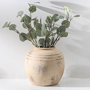 Lyeec Ceramic Flower Vase, 8.66 inch Tall Round Rustic Farmhouse Decorative Vase for Home Decor, Living Room Entryway Table Centerpiece Decor