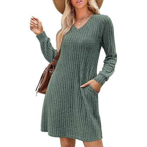 SAMPEEL Womens V Neck Fall Dresses Long Sleeve Casual Sweater Short Dress Fashion Clothes