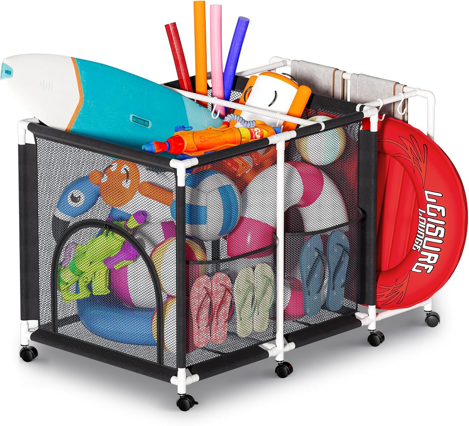 Outdoor Pool Storage Bin with Wheels, Heavy-Duty ABS Frame & Mesh Pool Float Organizer for Pool Toys, Noodles & Accessories, Easy Assembly Toy Storage Container for Backyard(52.7"X32.2"X35.4")